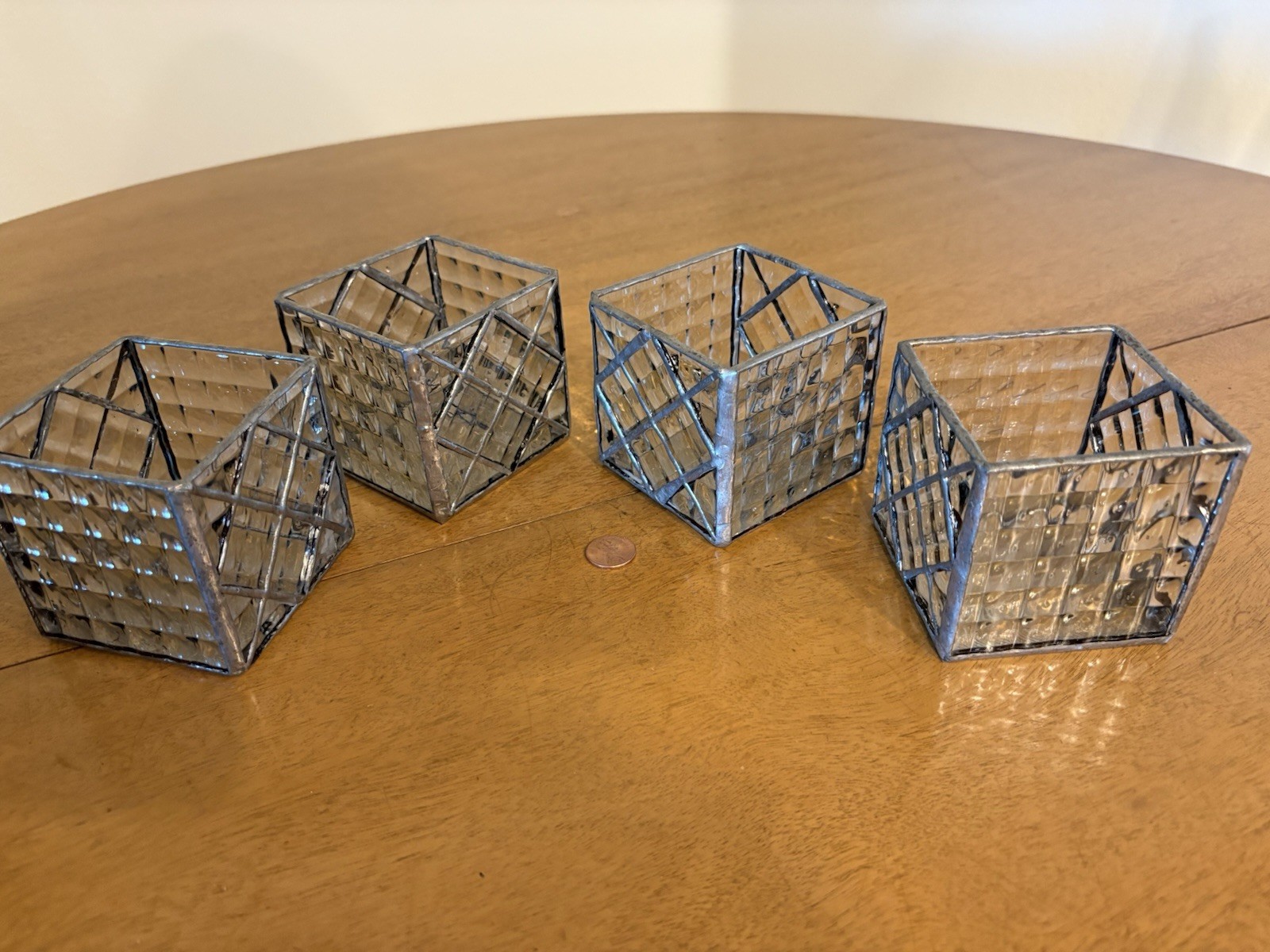 4 Square Beveled Leaded Glass Votive / Tea-Lite Candle Holders 3.25" Prismatic