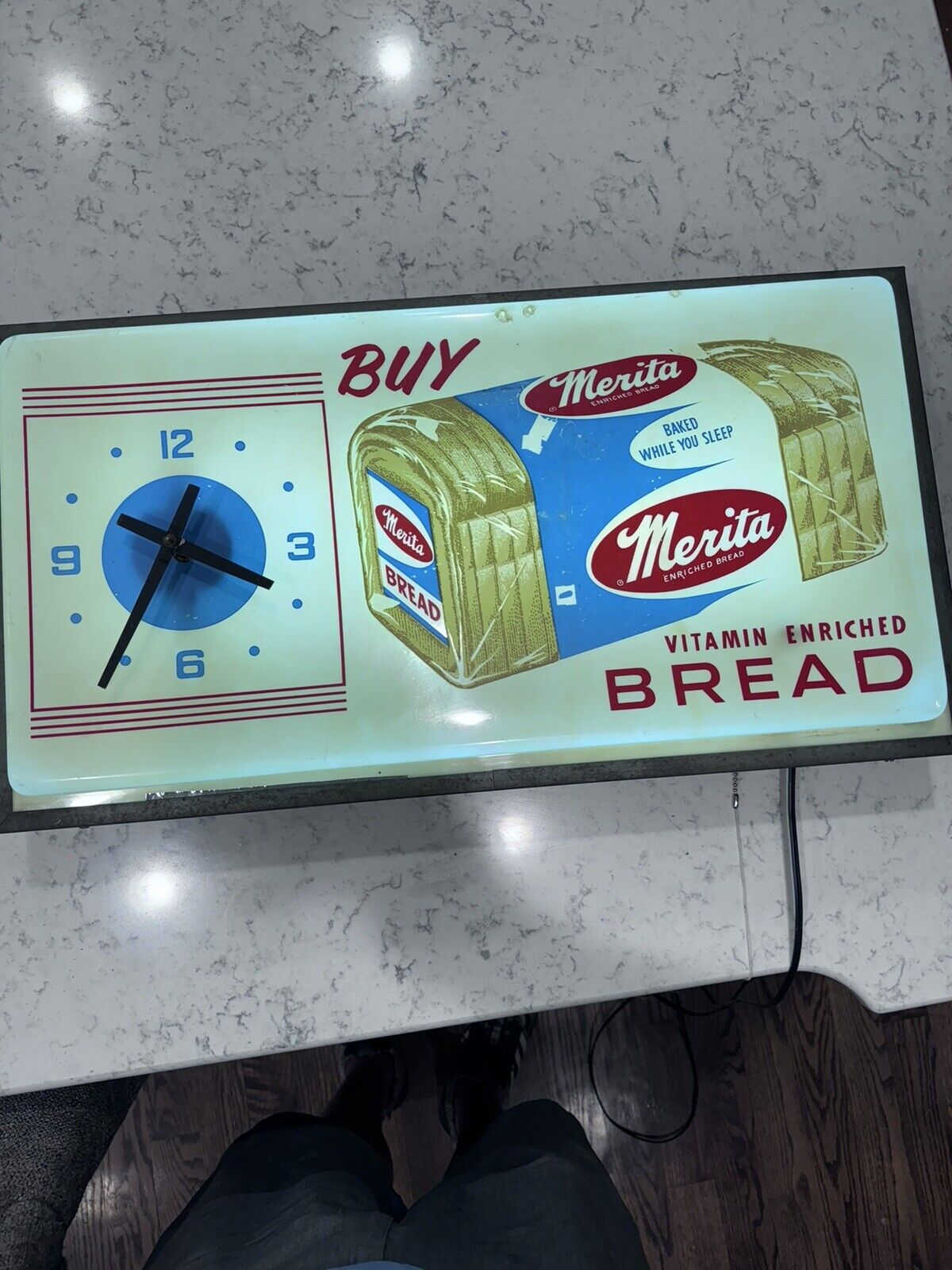 Vtg 1950s Merita Bread Advertising Lighted Sign Wall Clock Clock Works Good Cond