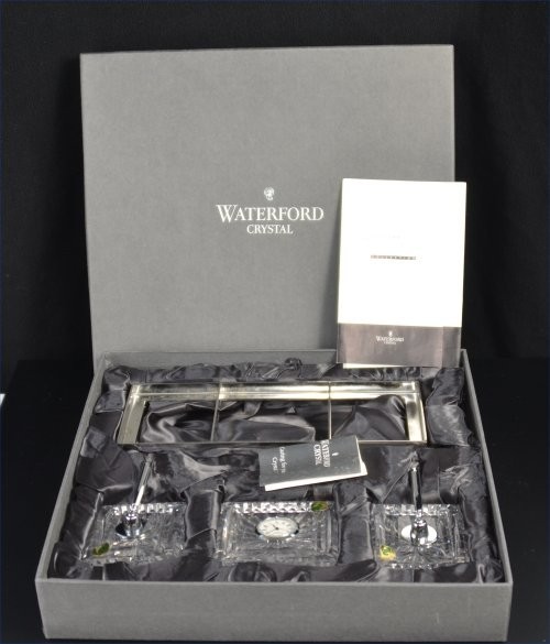 Waterford Crystal Glass Office Desk Set W/ Pen Holders & 3 Section Chrome Base