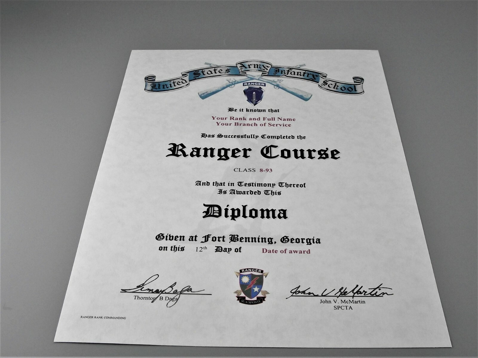 United States Army Ranger Course School Diploma Replacement Certificate United States Army Ranger Course School Diploma Replacement Certificate