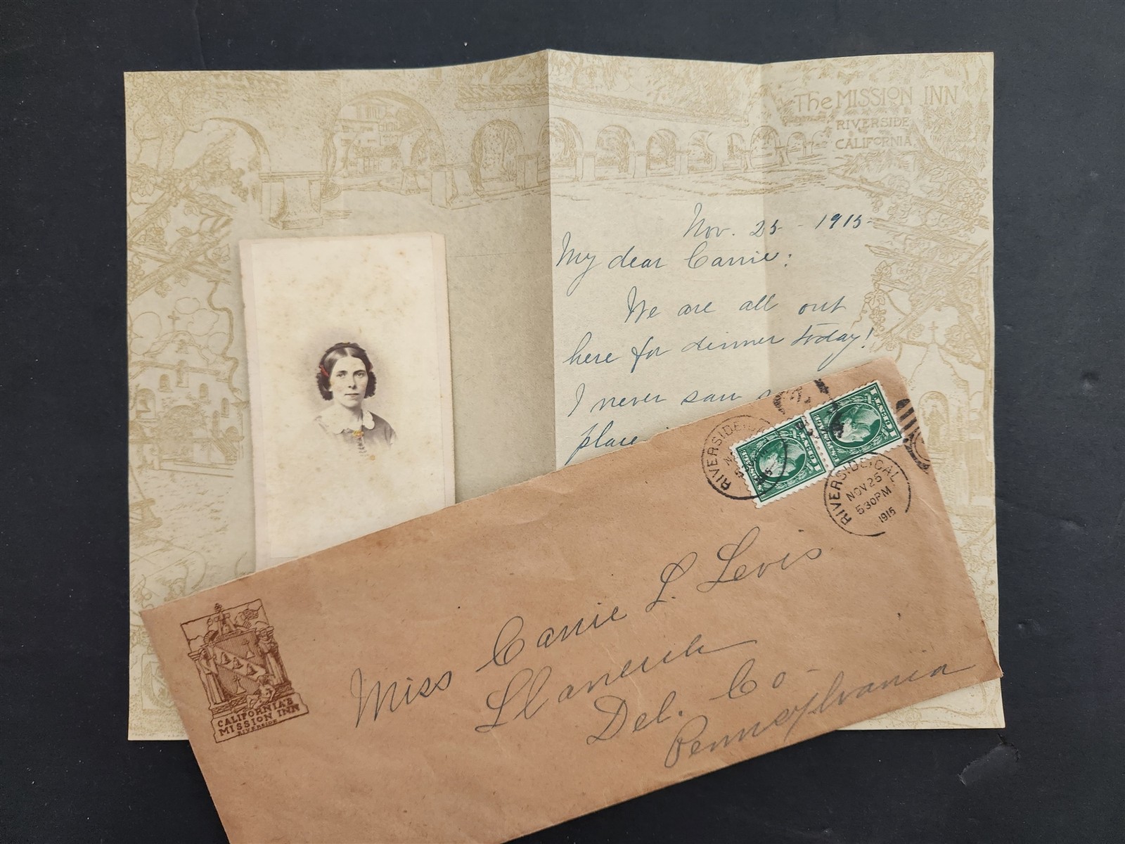 1913 antique CALIFORNIA MISSION INN LETTERHEAD ENV PHOTO carie levis llanerch pa