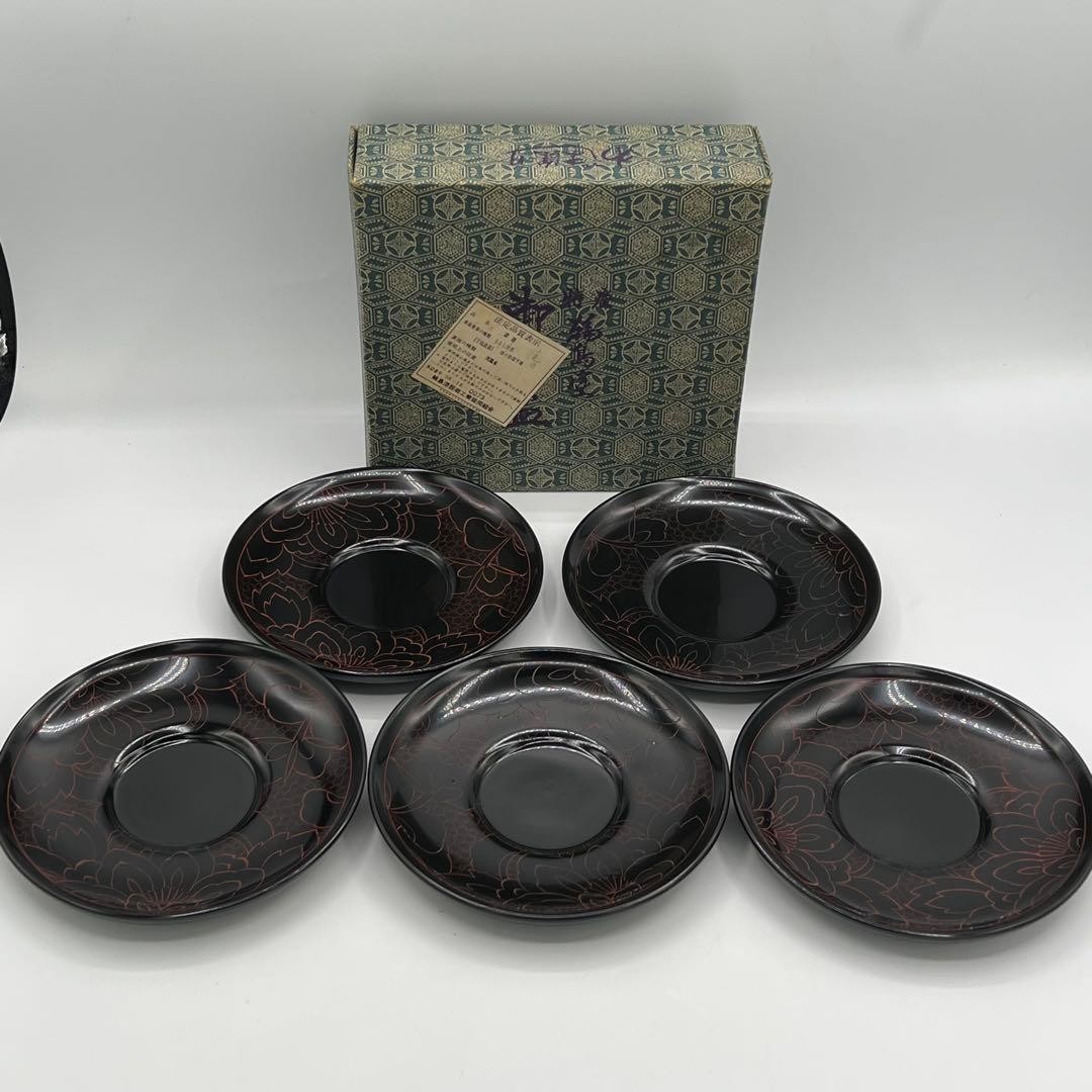 Wajima Lacquer Tea Coaster Peony Inlay Gold 5pc Set Exquisite Authentic
