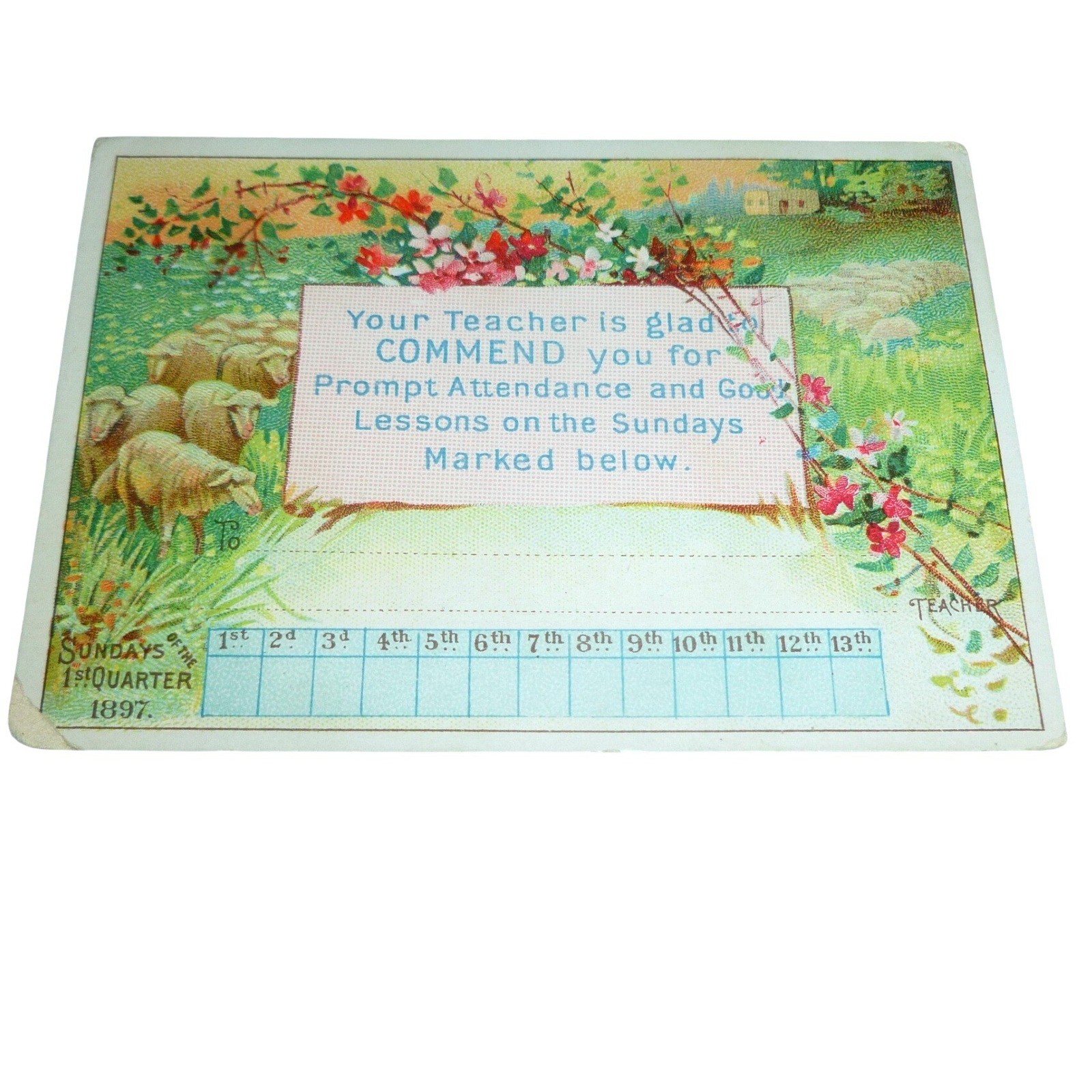 Antique 1897 Sunday School Commendation Card Berean Lesson Pictures Sheep Floral Antique 1897 Sunday School Commendation Card Berean Lesson Pictures Sheep Floral