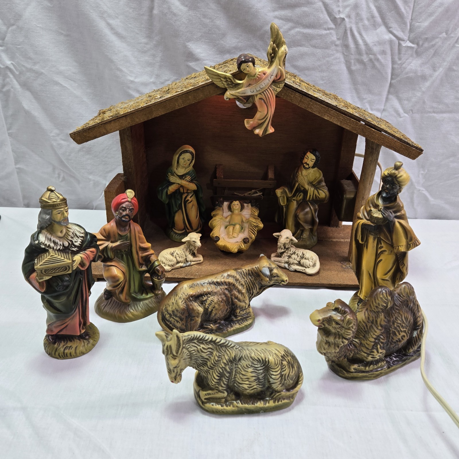 Vtg Japan Paper Mache Christmas Nativity Set Musical Creche Manger Scene 13 Pcs