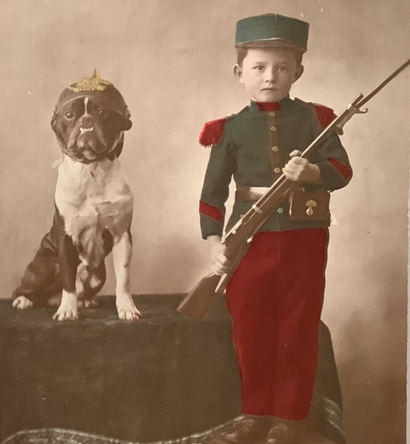 ww1 War dog French Bulldog helmet child Soldier WW1 original RPPC 1915