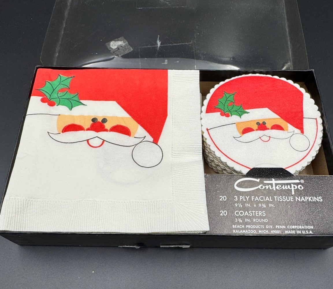 Vintage Contempo Santa Paper Napkins & Coasters - original box 1970’s Christmas Vintage Contempo Santa Paper Napkins & Coasters - original box 1970’s Christmas