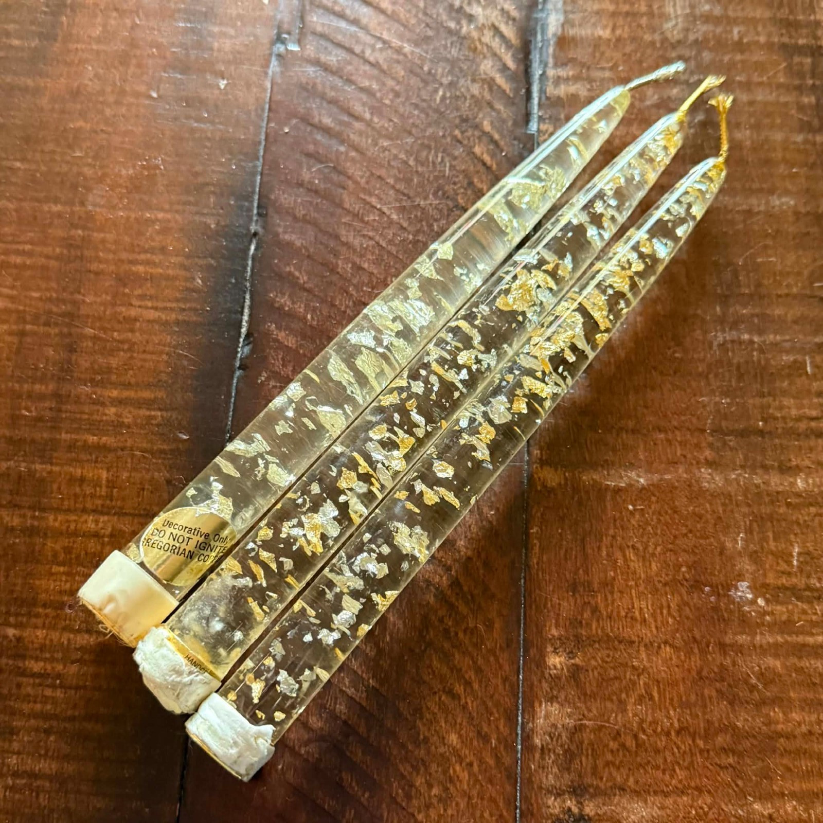 Lucite Acrylic Clear Silver Gold Flake 8” Taper Candle MCM 60s Set of 3 Candles Lucite Acrylic Clear Silver Gold Flake 8” Taper Candle MCM 60s Set of 3 Candles
