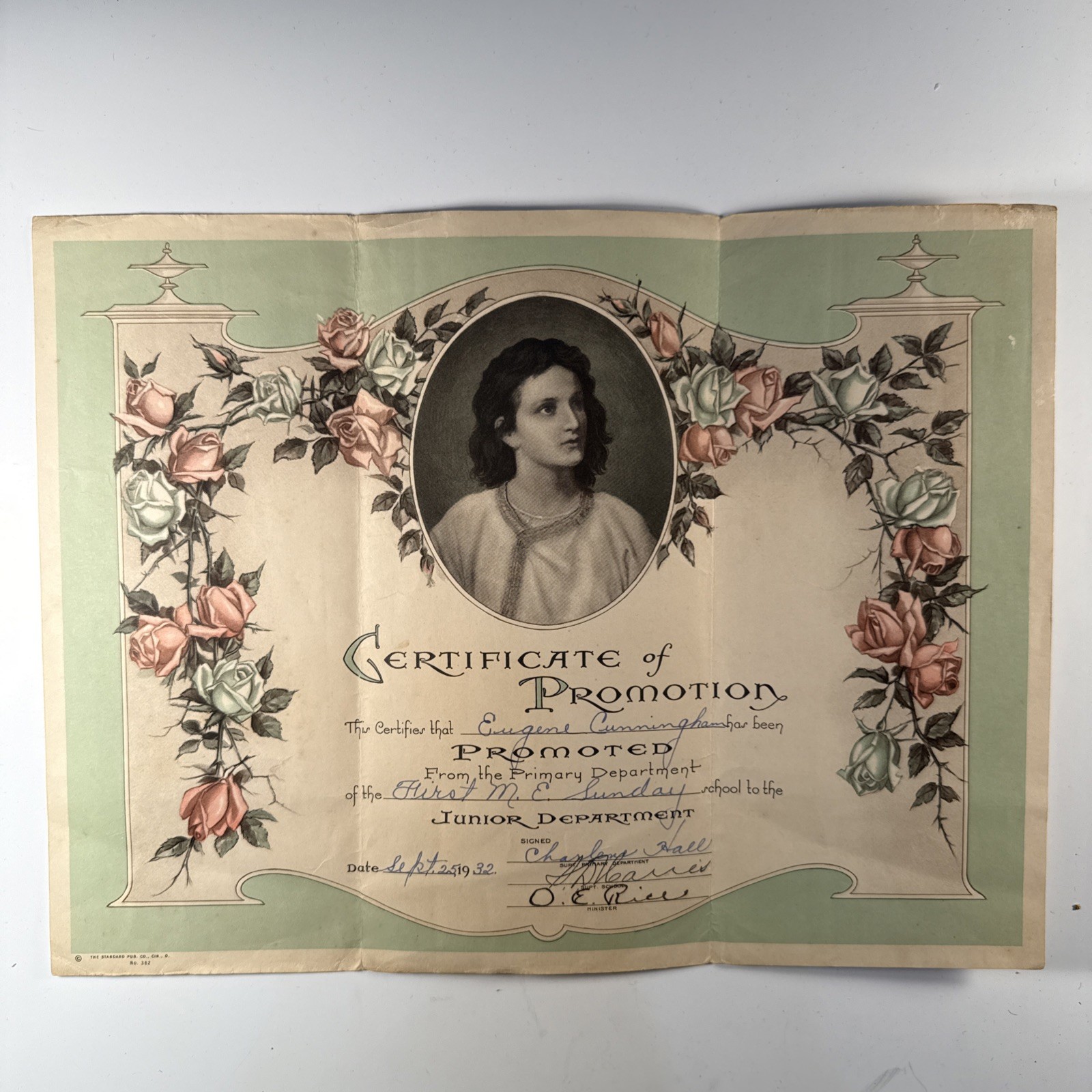 1932 First M.E. Sunday School Certificate of Promotion Eugene Cunningham Vintage 1932 First M.E. Sunday School Certificate of Promotion Eugene Cunningham Vintage