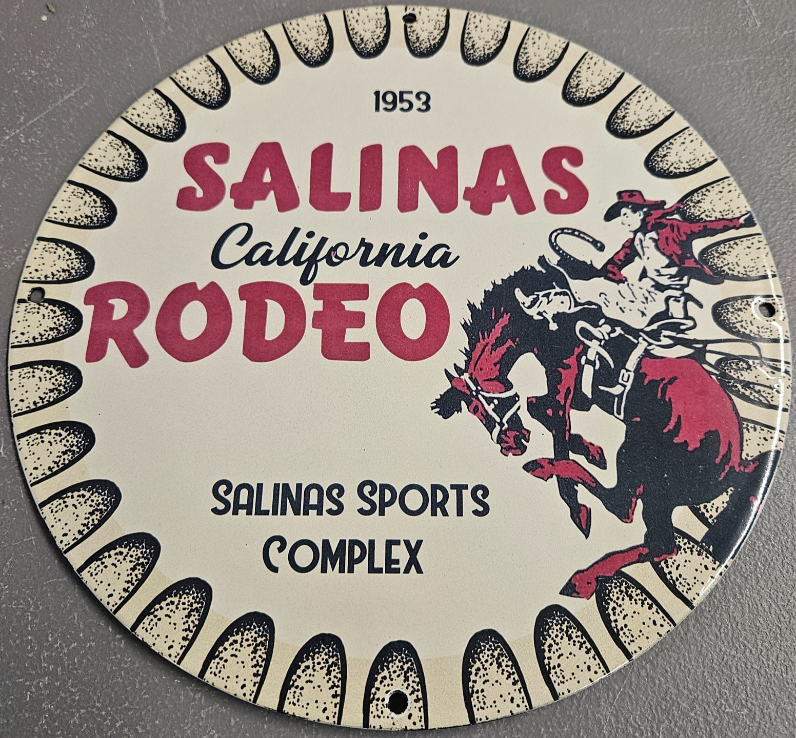 VINTAGE 1953 SALINAS CALIFORNIA RODEO 12" PORCELAIN SIGN SPORTS COMPLEX BRONC VINTAGE 1953 SALINAS CALIFORNIA RODEO 12" PORCELAIN SIGN SPORTS COMPLEX BRONC
