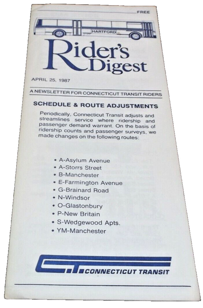 APRIL 1987 CONNECTICUT TRANSIT RIDER'S DIGEST NEWSLETTER