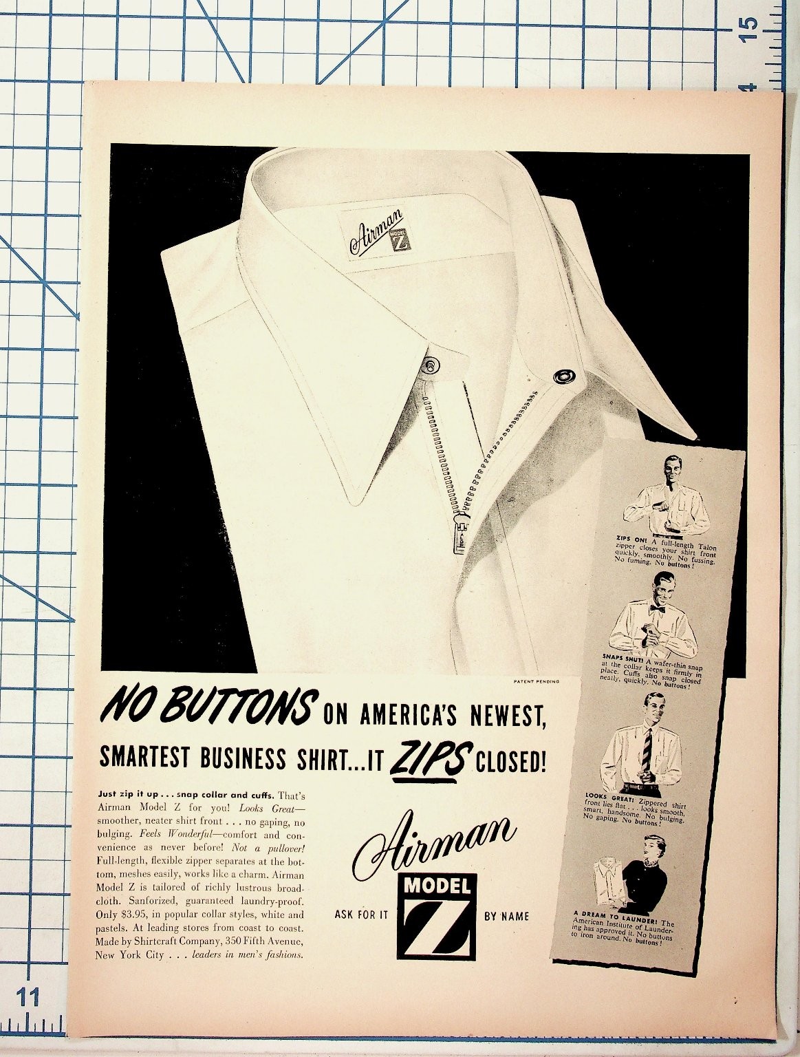Vintage 1940s Airman Model Z Zipper Shirt Magazine Print Ad Men's Fashion NYC Vintage 1940s Airman Model Z Zipper Shirt Magazine Print Ad Men's Fashion NYC