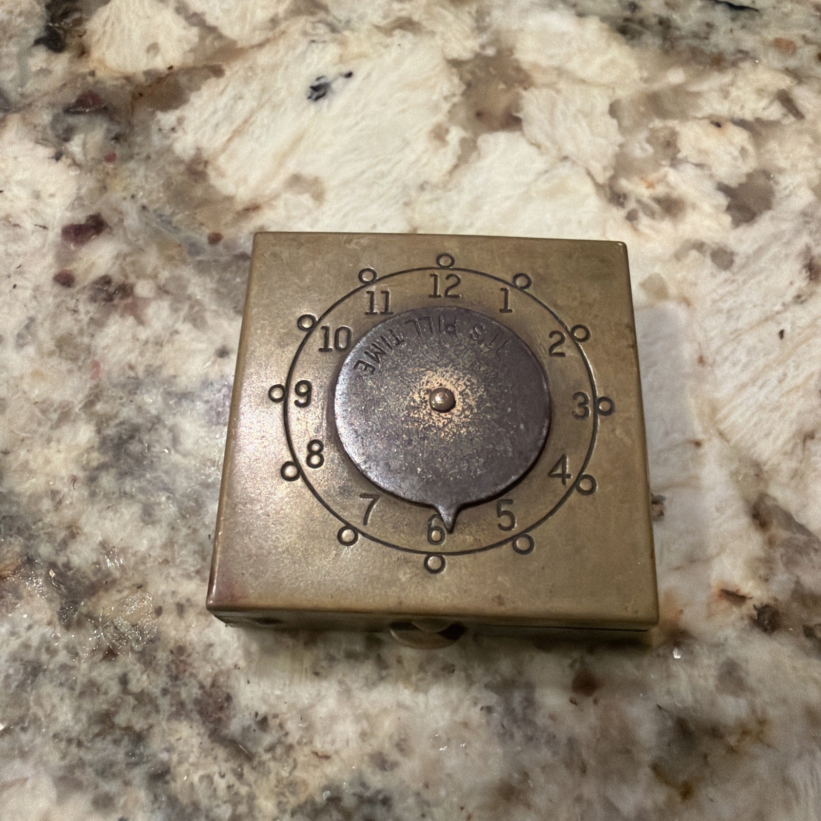 Vintage/Antique Small Brass Pillbox W/Clock Hands Time Reminder Pill Case