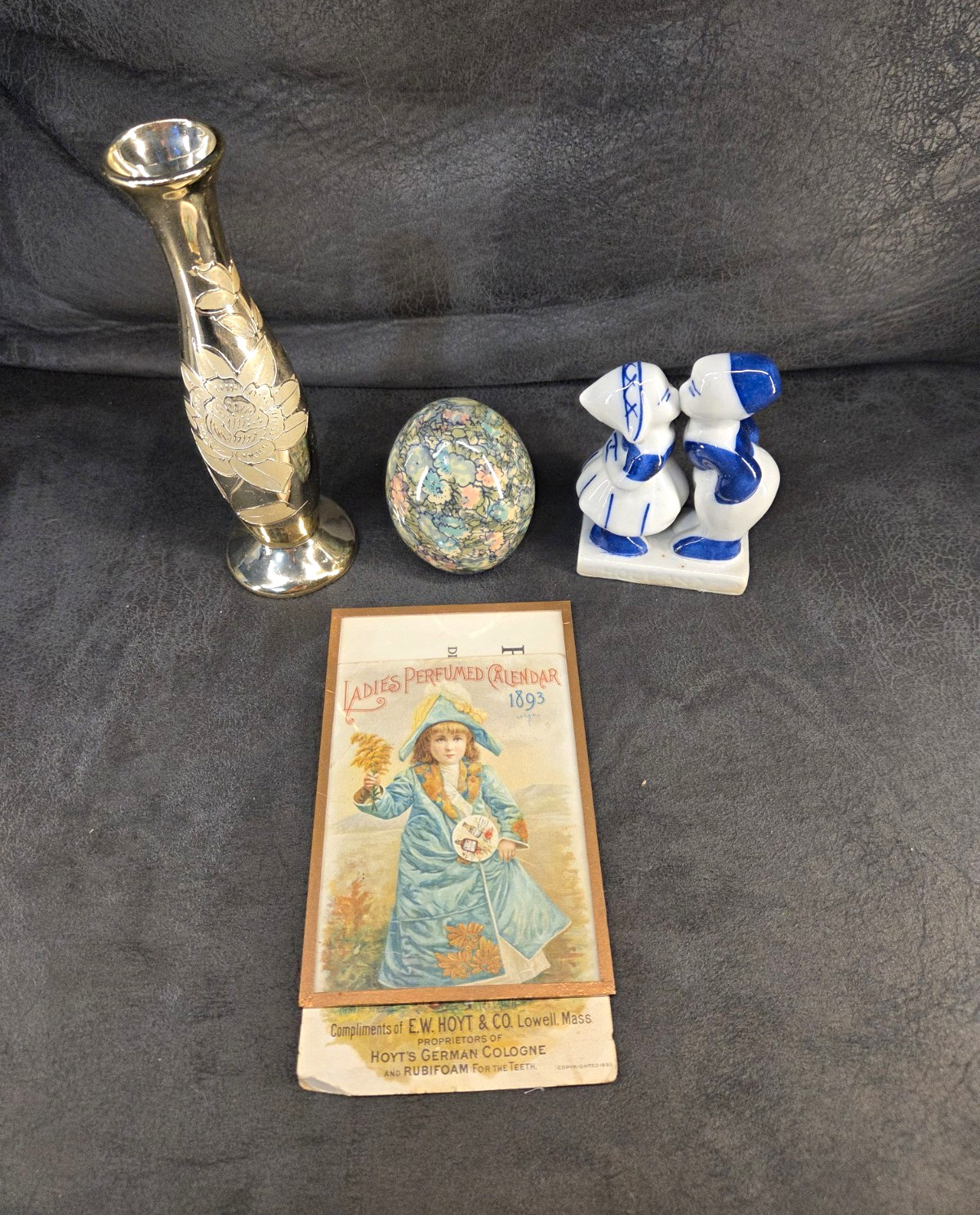 Vtg 4-Piece Lot: 1893 E.W. Hoyt Calendar, Otagiri Egg, Etched Vase & Figurine Vtg 4-Piece Lot: 1893 E.W. Hoyt Calendar, Otagiri Egg, Etched Vase & Figurine