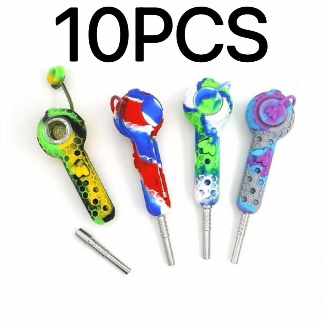 10PCS Portable Random Color Honeycomb Silicone Pipe with Glass Bowl and Cap