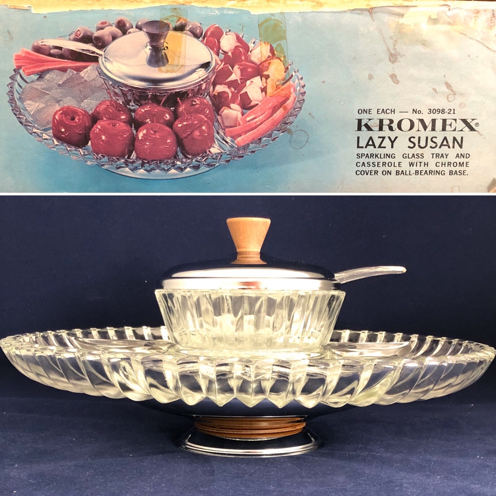 Kromex Lazy Susan Sparkling Glass Chrome No. 3098-21 New Old Stock c1960s USA