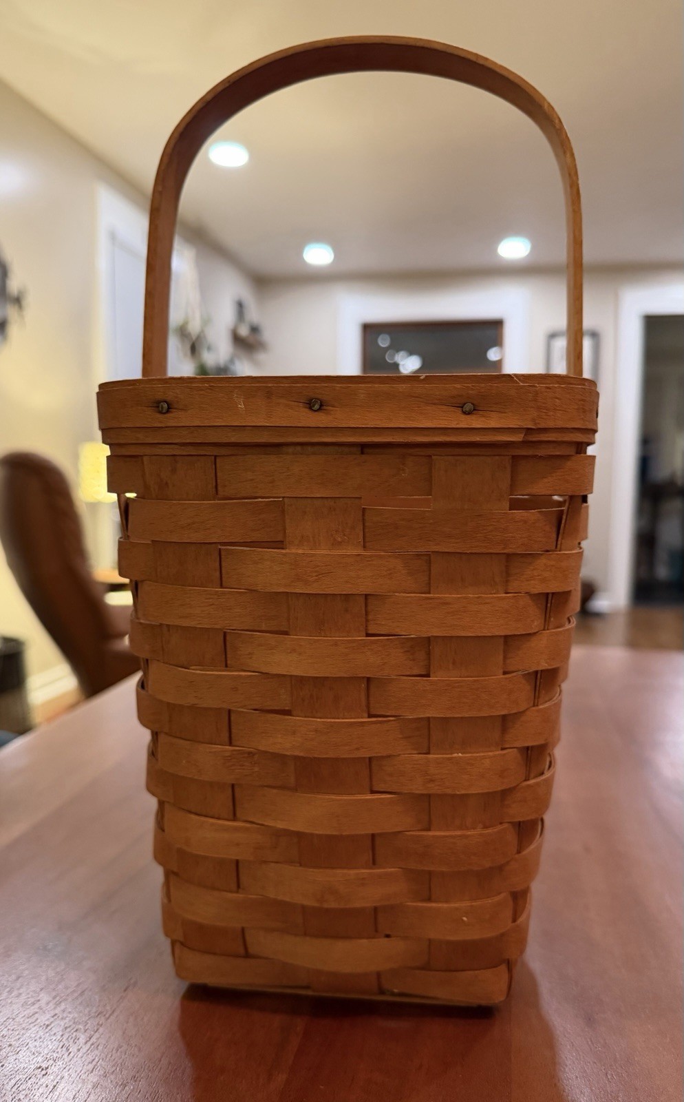 Vtg 1999 Longaberger Tall Tissue Basket Handwoven Wood Handle Signed 7.5" H Vtg 1999 Longaberger Tall Tissue Basket Handwoven Wood Handle Signed 7.5" H