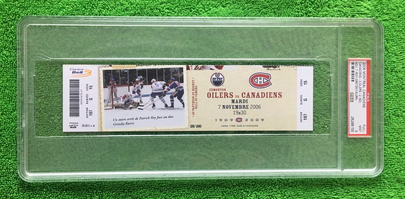 PSA 9 PATRICK ROY, WAYNE GRETZKY, JARI KURRI HOCKEY TICKET (Full Unused) 100th