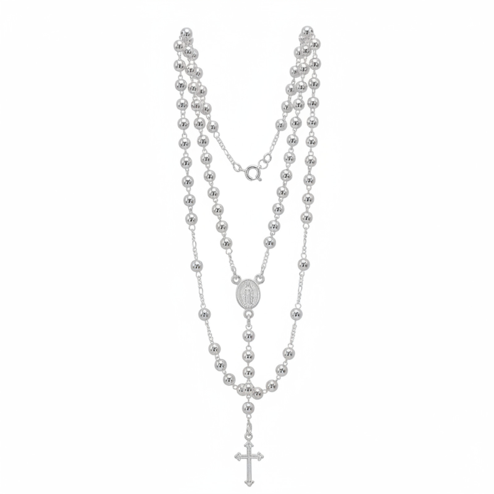 925 Sterling Silver Rosary Necklace 20 Inches 4mm Beads Cross Virgin Mary Medal