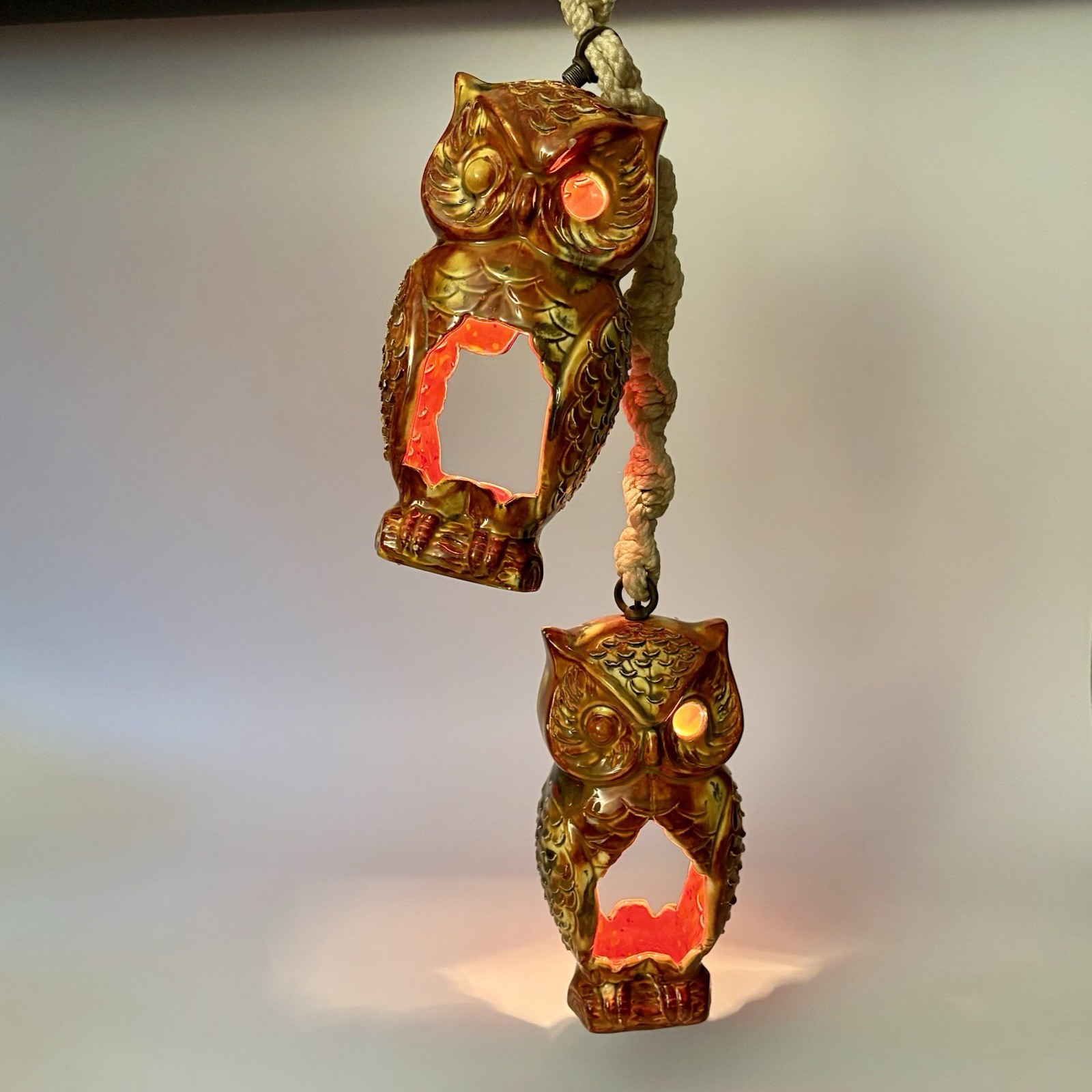 Vtg 1960-70s Ceramic Owl Lantern Macrame Swag Lamp Hanging Light MCM OOAK