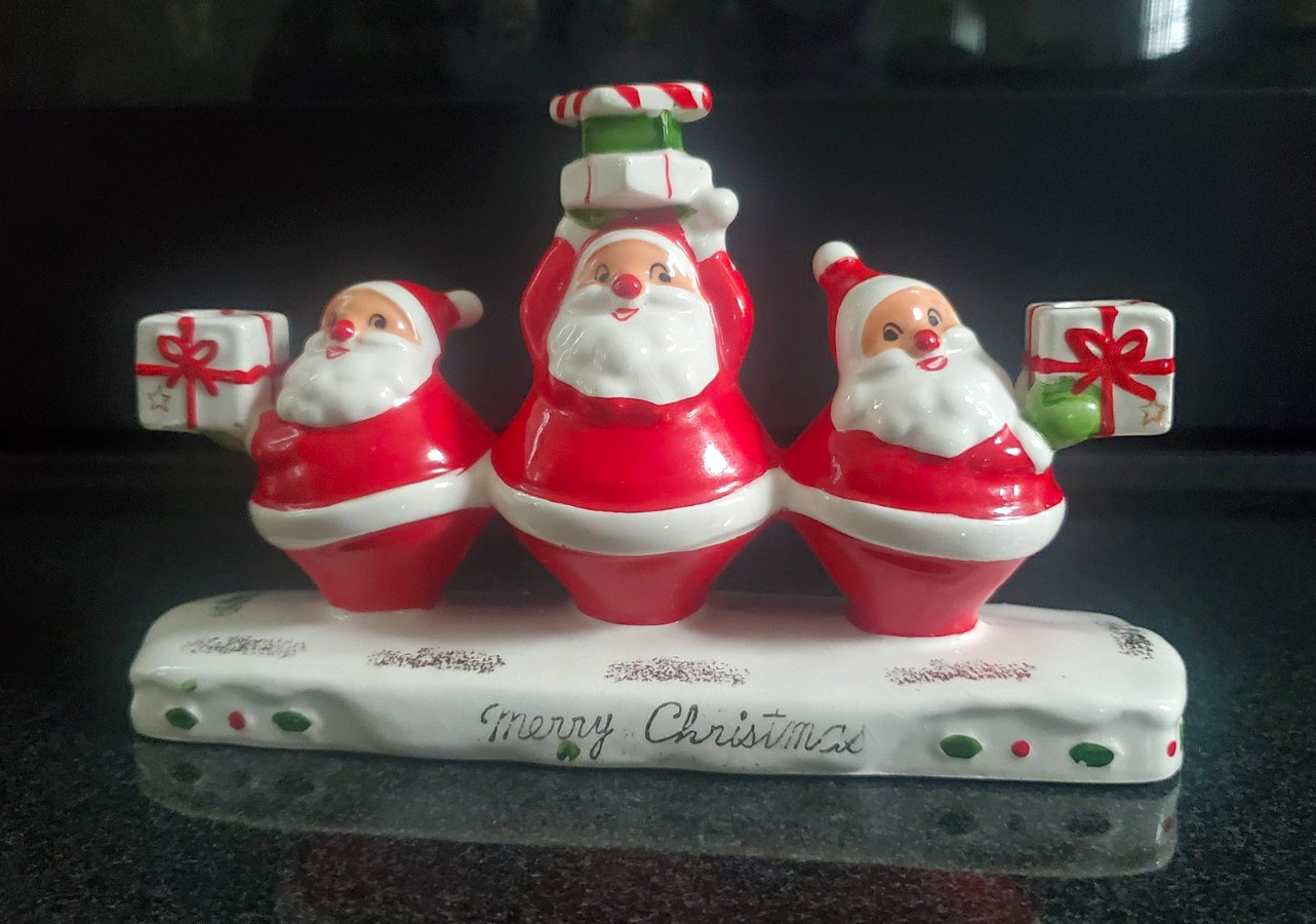 Vintage Holt Howard Ceramic Triple Santa Candleholder Merry Christmas Vintage Holt Howard Ceramic Triple Santa Candleholder Merry Christmas