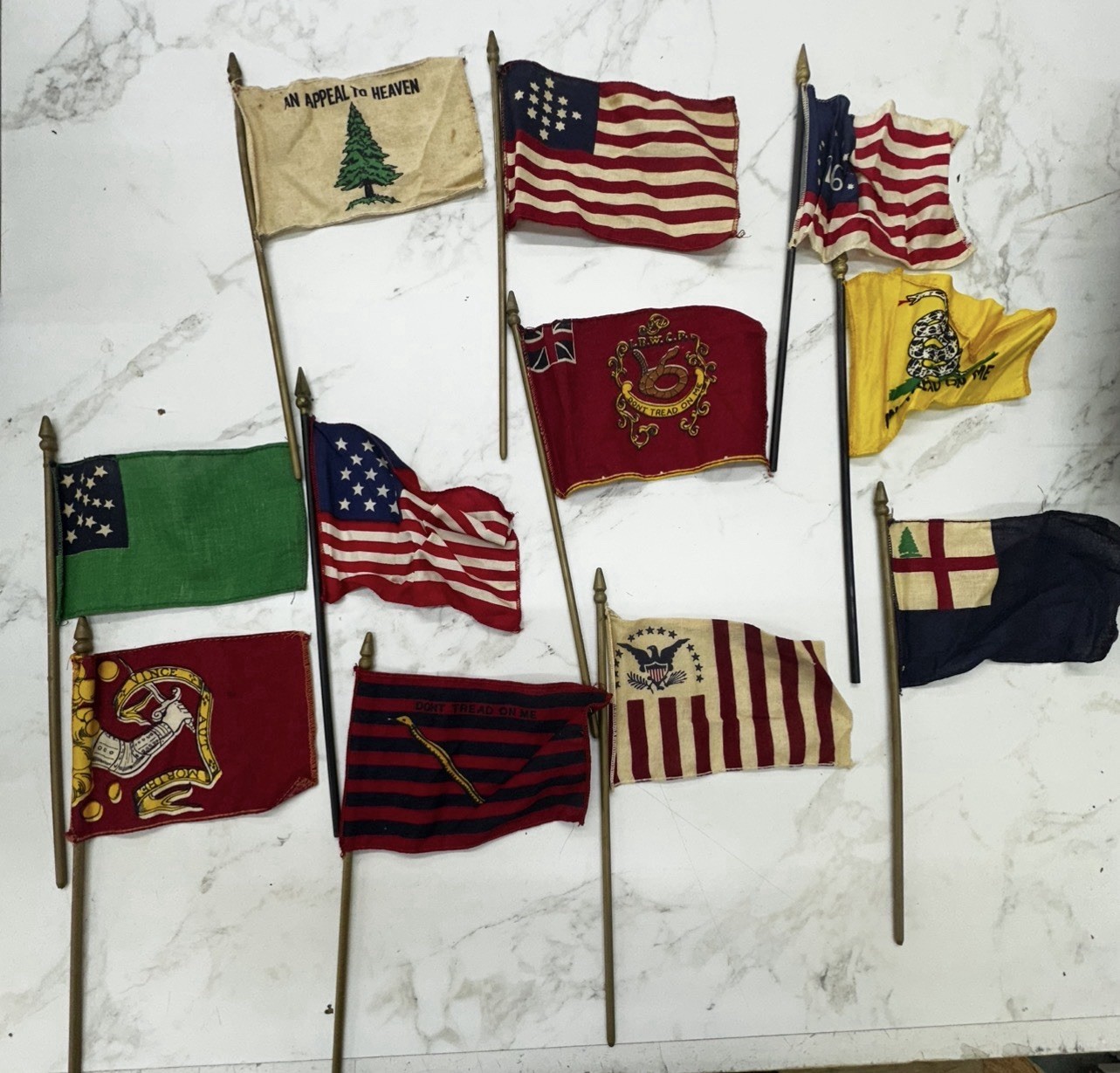 Vintage Mid Century Miniature Historical Flags Wood Staffs Lot of 10 Vintage Mid Century Miniature Historical Flags Wood Staffs Lot of 10
