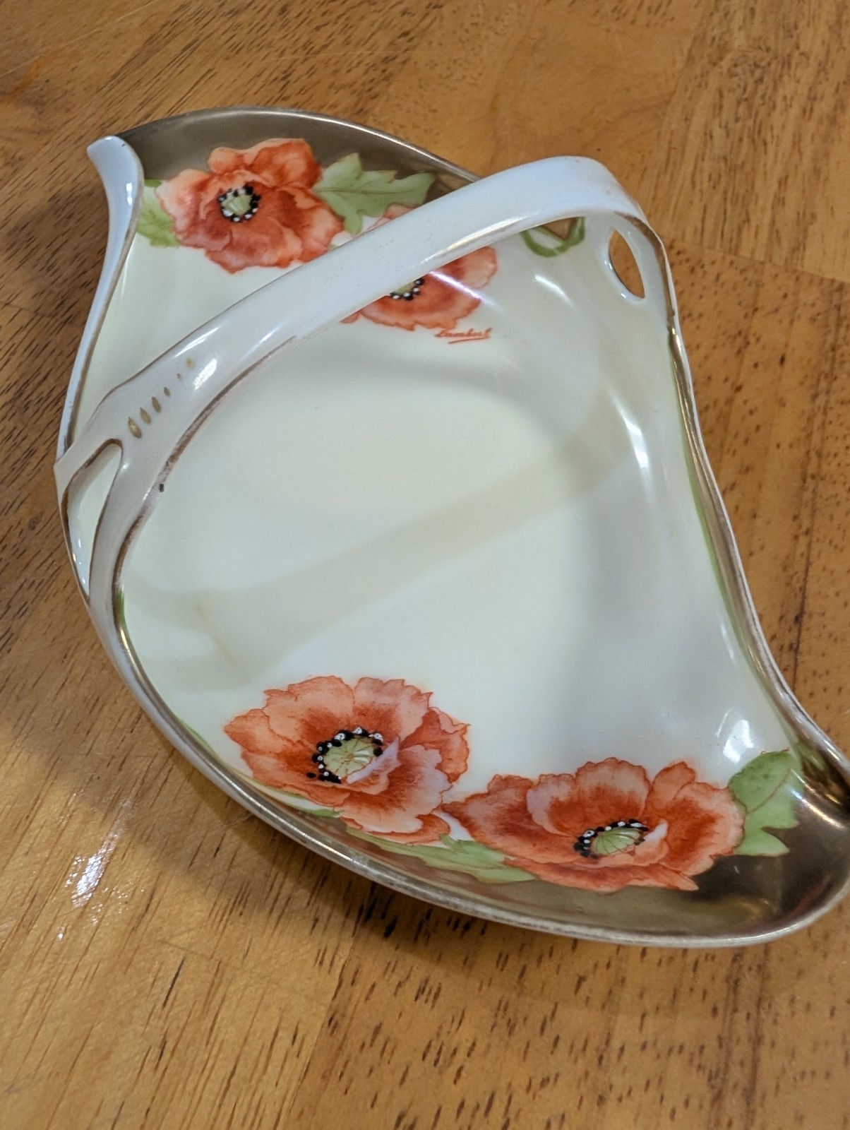 PT Bavaria Hand Painted Poppies Handled Dish Signed 8x4 Porcelain Basket antique PT Bavaria Hand Painted Poppies Handled Dish Signed 8x4 Porcelain Basket antique