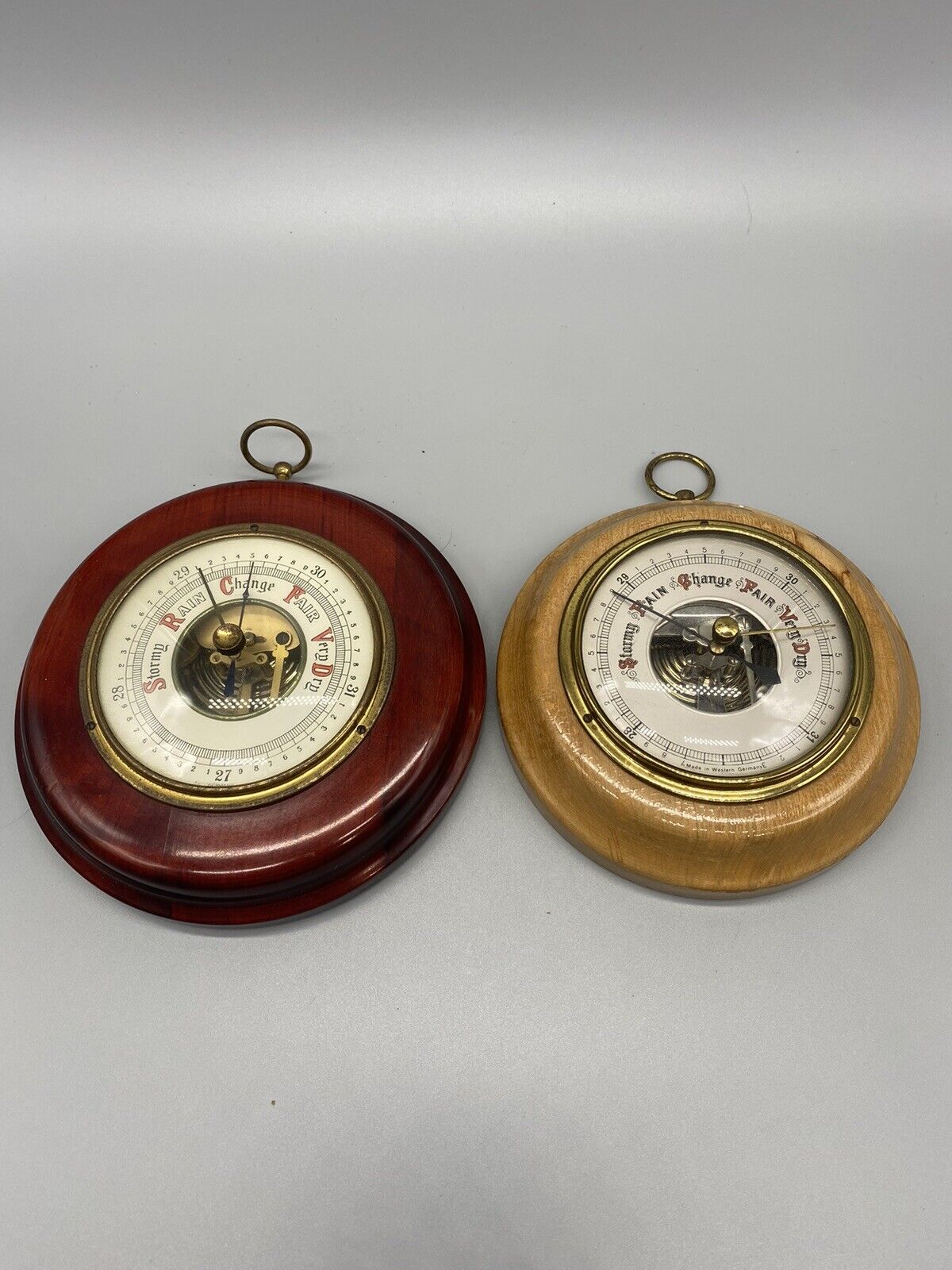 Vintage GERMAN Made Barometer Lot Of 2 Wood Dark And Light -UNTESTED- 