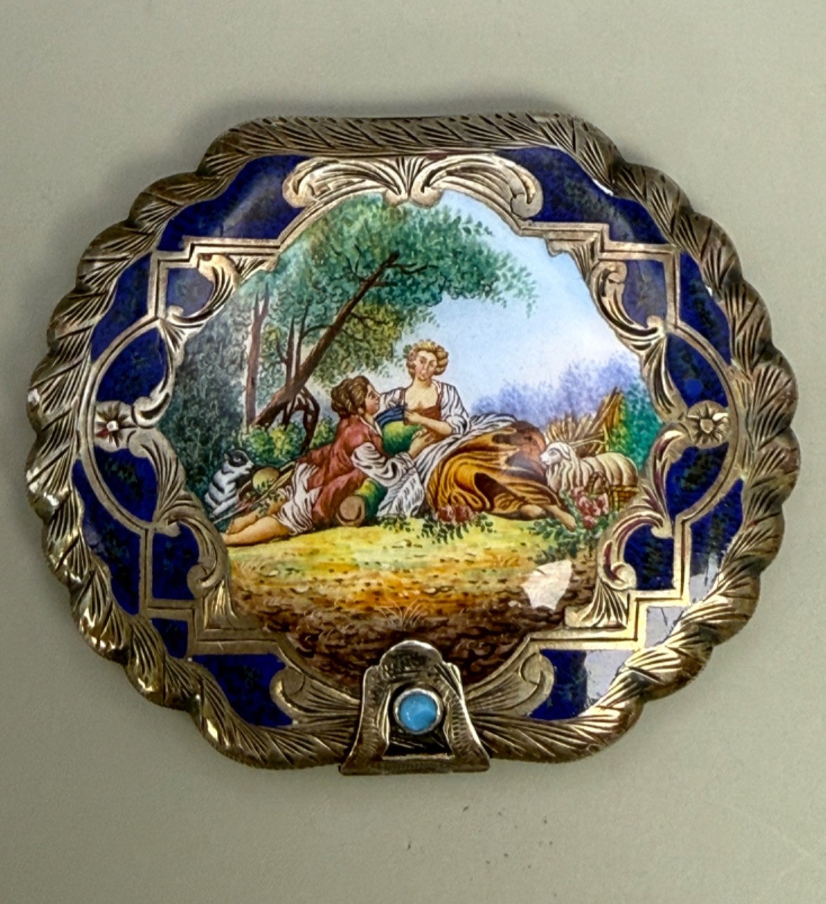 Vintage Piero Fallaci Rococo Italy Sterling Silver & Enamel Powder Compact