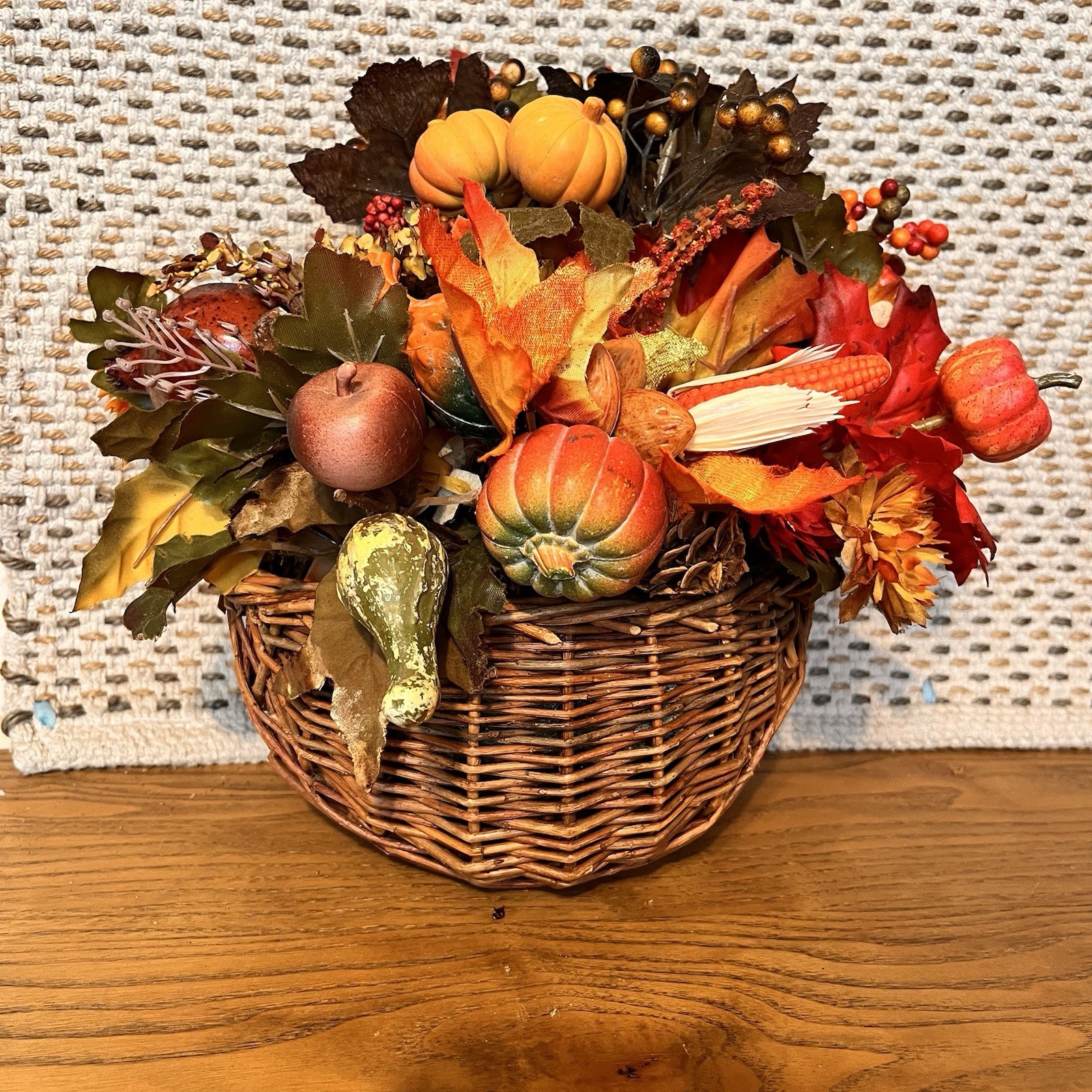 French Cottage Vtg Handcrafted Fall Botanical Basket Wall art Thanksgiving