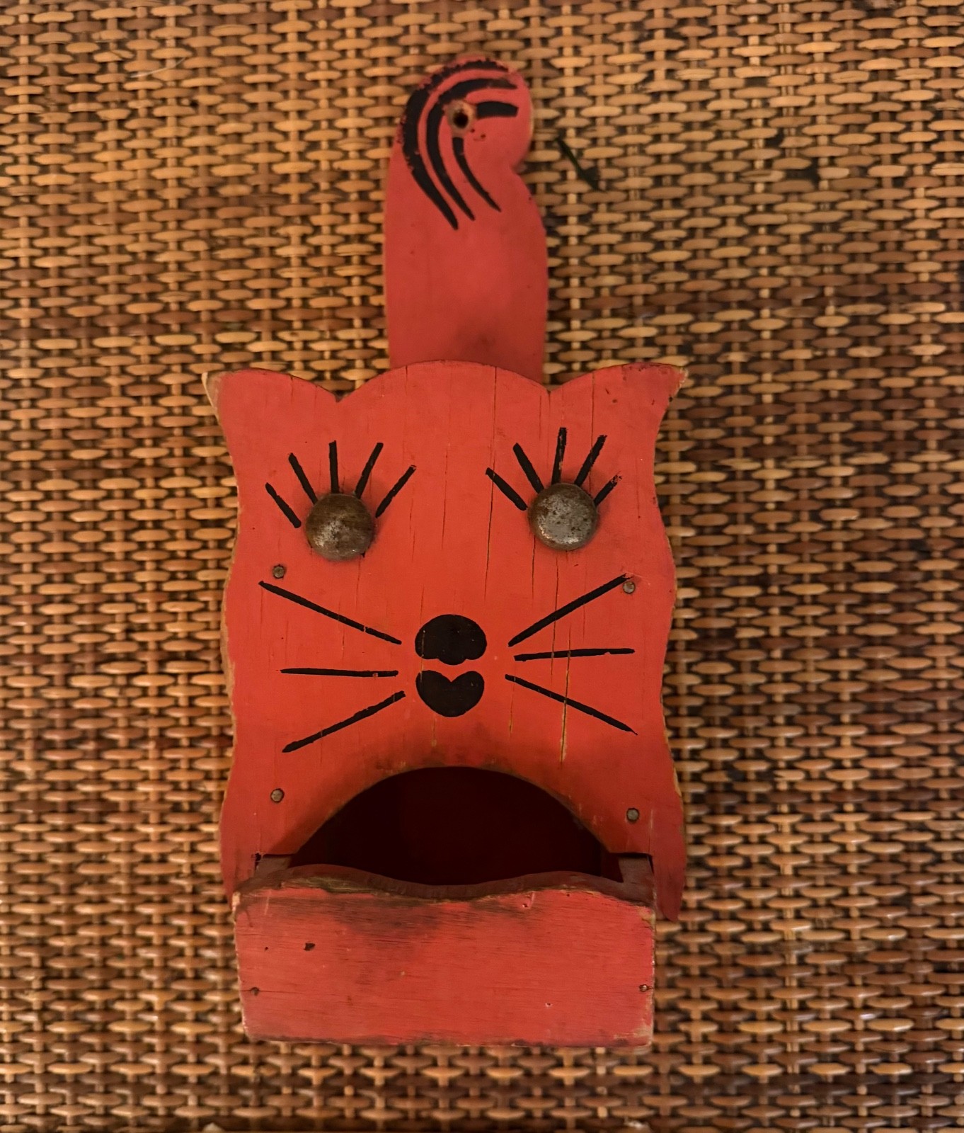Vintage 1930s Folk Art Cat Match Box Holder, Orange, Cat, Metal Eyes Vintage 1930s Folk Art Cat Match Box Holder, Orange, Cat, Metal Eyes