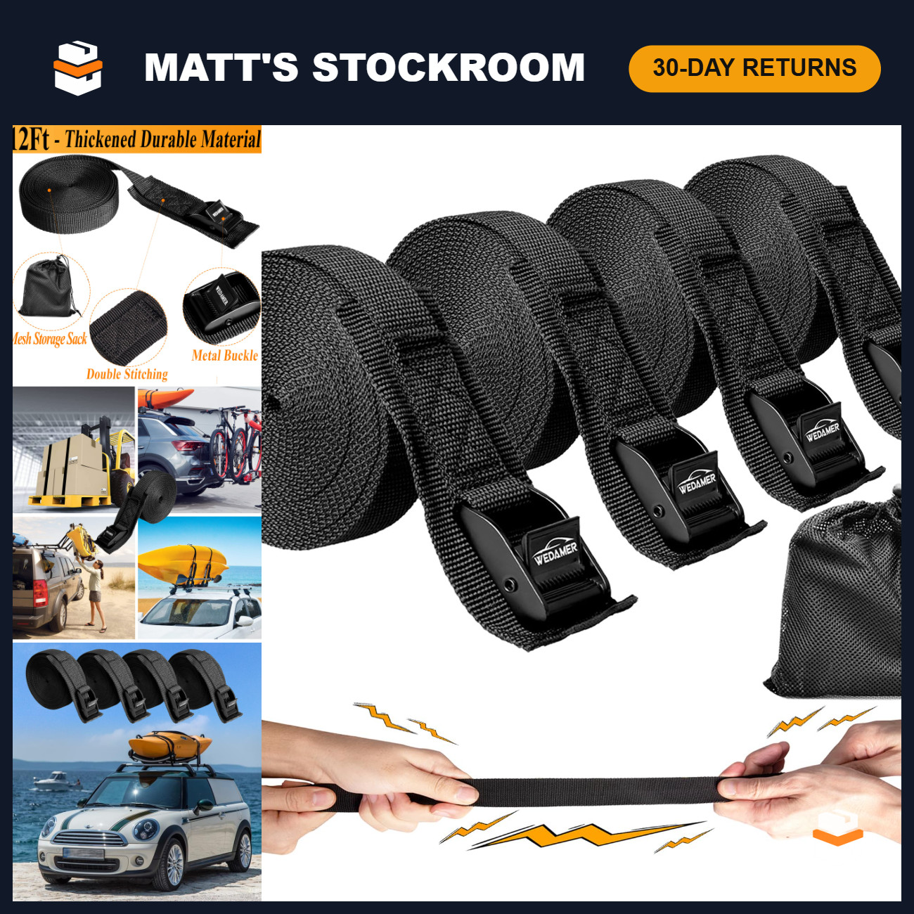 Kayak Tie Down Straps 1" x12Ft Cam Buckle Lashing Straps 4 Pack Kayak Tie Down Straps 1" x12Ft Cam Buckle Lashing Straps 4 Pack