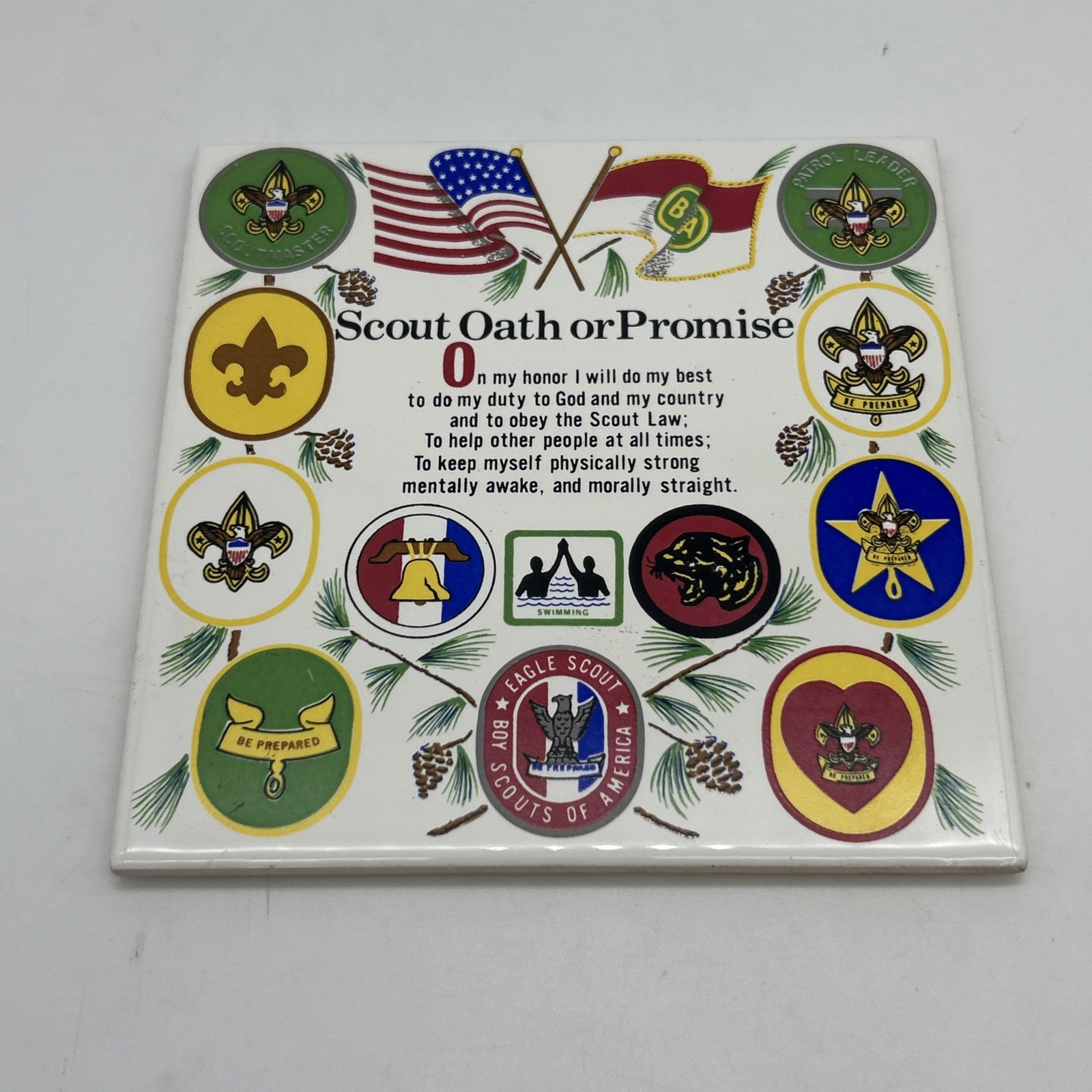Vintage Boy Scout Tile Oath Promise Wall Decor Trivet 1970s 6" x 6" Vintage Boy Scout Tile Oath Promise Wall Decor Trivet 1970s 6" x 6"