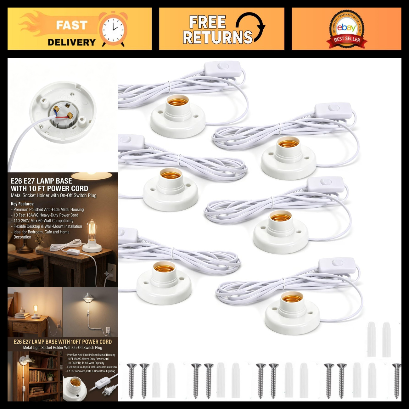 6Pcs E26 E27 Lamp Base Socket Holder with 10ft Cord & Switch for Night Light 6Pcs E26 E27 Lamp Base Socket Holder with 10ft Cord & Switch for Night Light