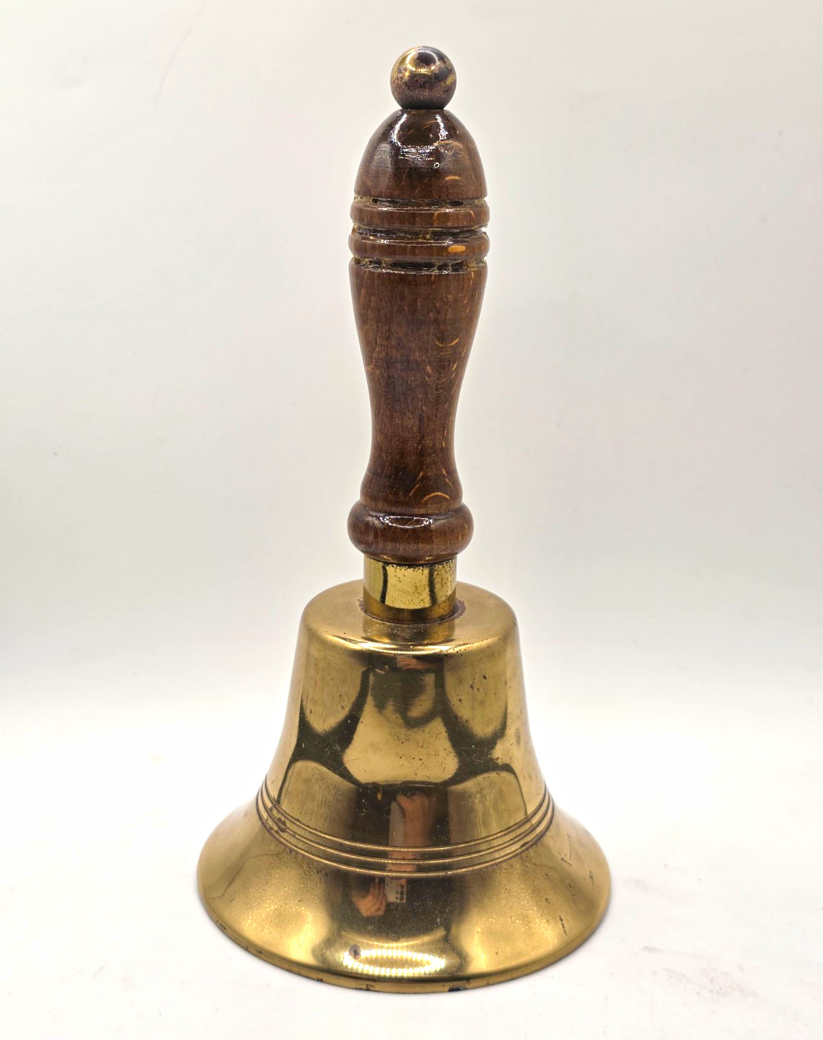 Vintage Mid Century Brass School Hand Bell Turned Wood Handle 7 Inch Vintage Mid Century Brass School Hand Bell Turned Wood Handle 7 Inch