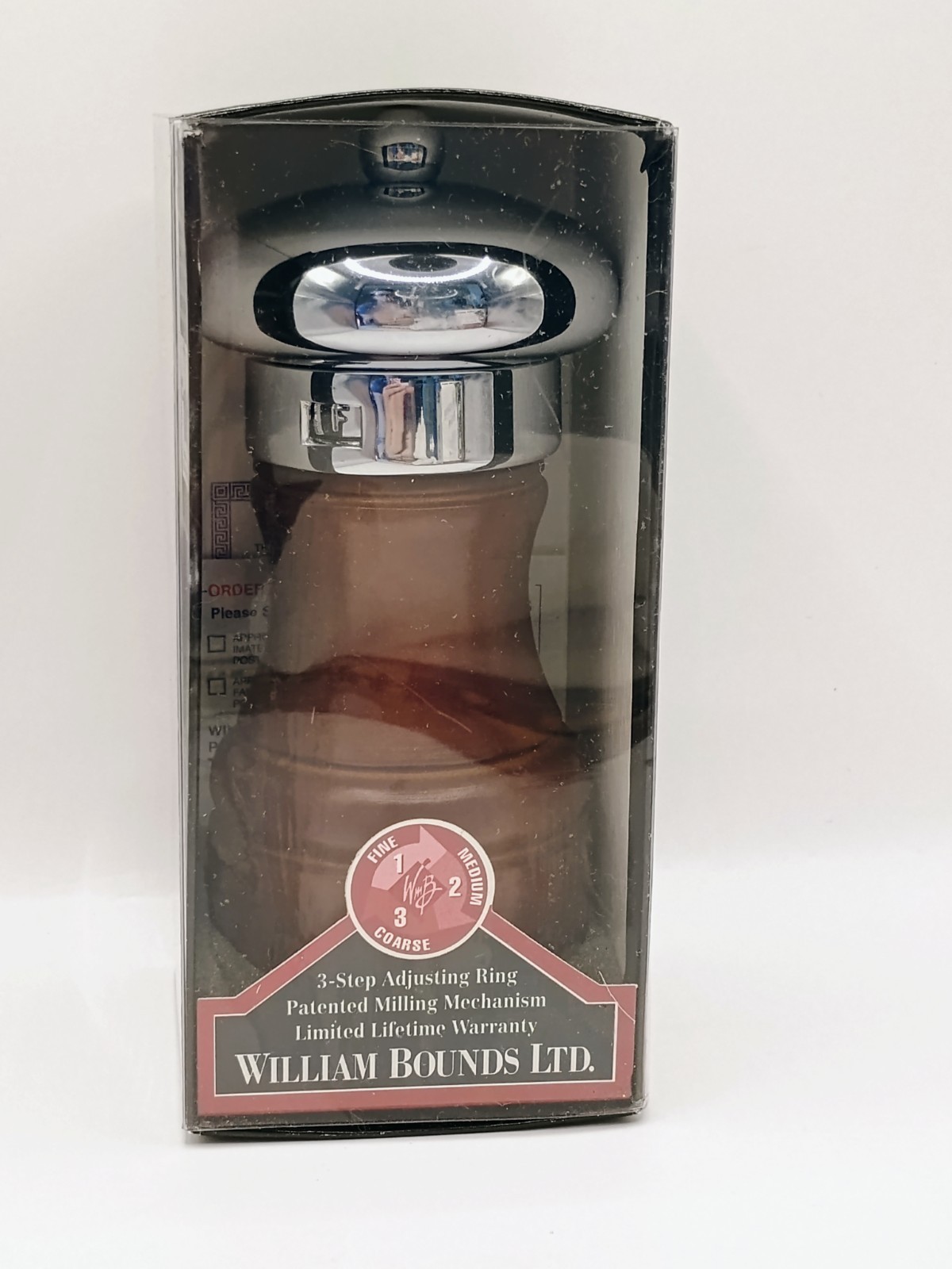 NOS William Bounds Walnut & Chrome Pepper Mill Grinder 5" New in Box NOS William Bounds Walnut & Chrome Pepper Mill Grinder 5" New in Box