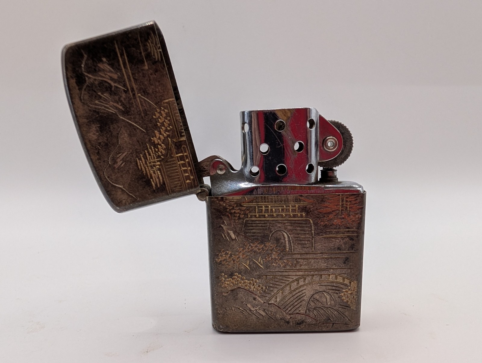 Vintage Sterling 950 Silver Lighter Japanese Landscape Engraved Bridge Vintage Sterling 950 Silver Lighter Japanese Landscape Engraved Bridge