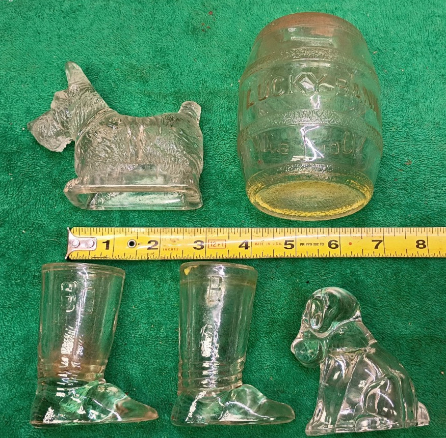 5pc Vintage Glass Candy Containers Scotty Dog Santa Boots & Lucky barrel Bank 5pc Vintage Glass Candy Containers Scotty Dog Santa Boots & Lucky barrel Bank