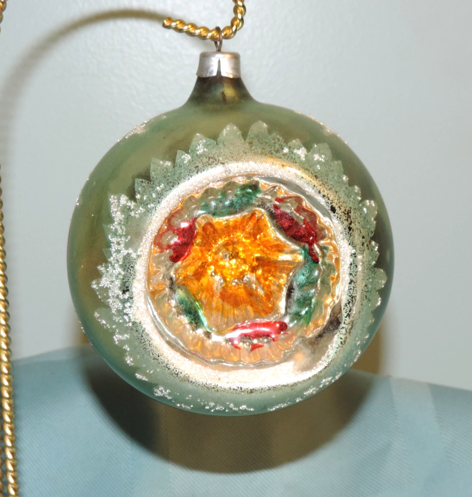 Vtg Large Lt Green Double Indent Glass Christmas Ornament 4" Mica Trim