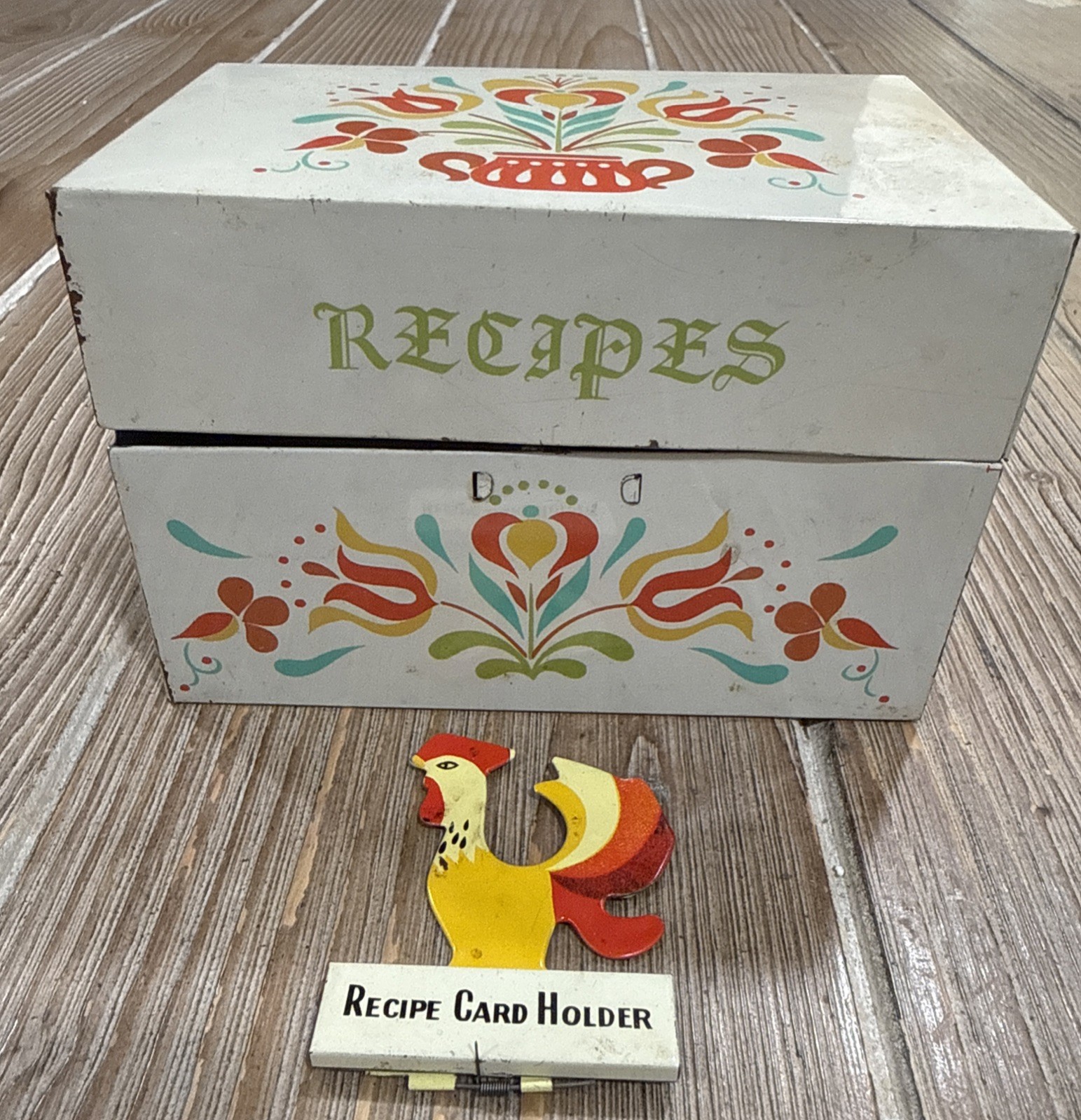 Vtg 1950s Metal Recipe Box Made In Japan Pop Up Rooster Card Holder Folk Art Lot Vtg 1950s Metal Recipe Box Made In Japan Pop Up Rooster Card Holder Folk Art Lot