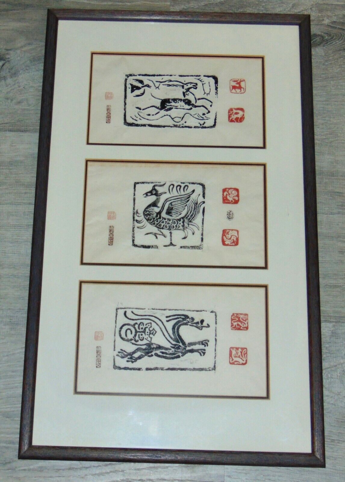 Vtg JAPANESE Embossed Print DRAGON Antelope BIRD Signed SEALS Lot C