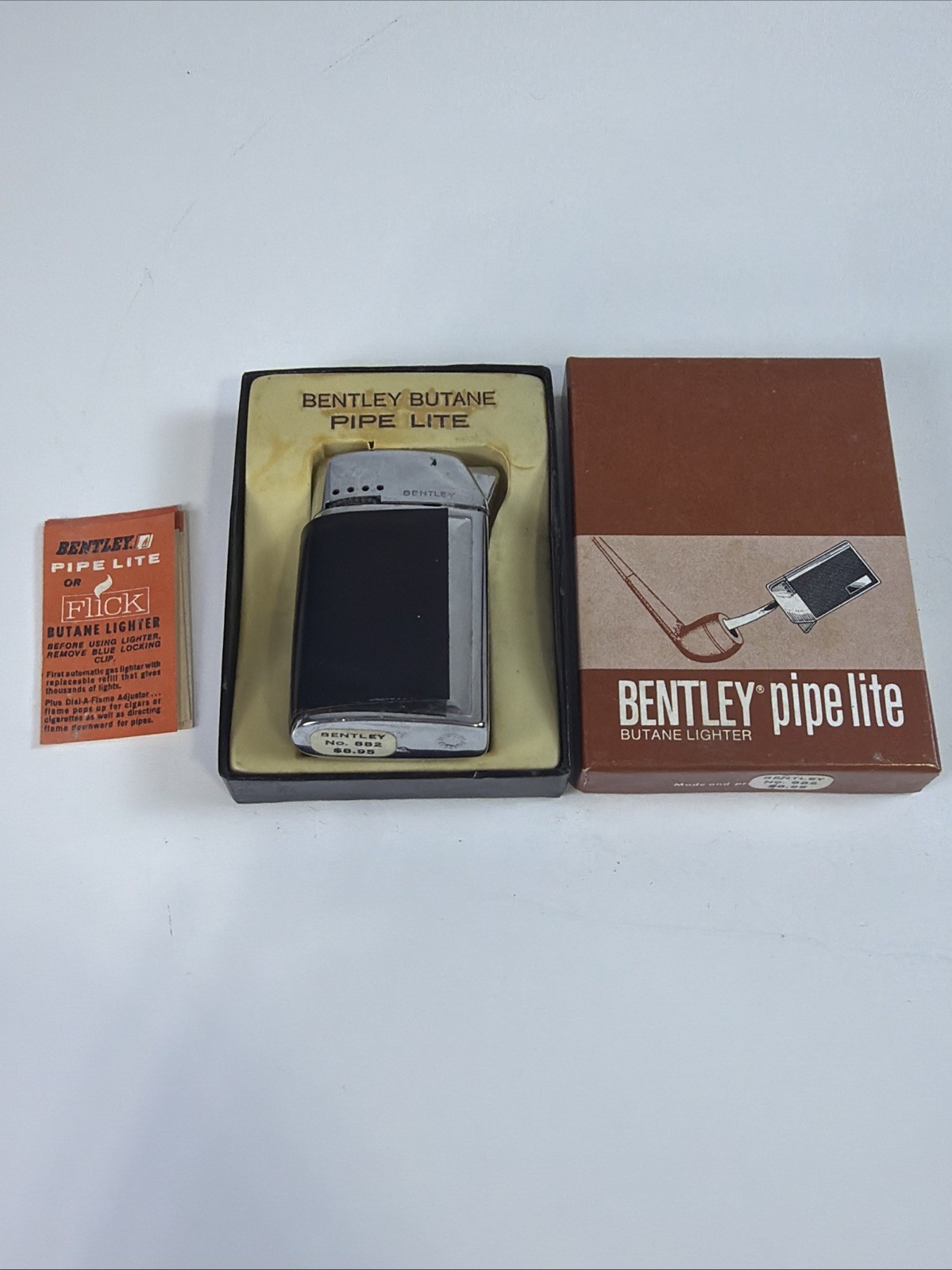 VTG Bentley Butane Lighter Automatic Pipe Lite Silver/Black No. 882 w/ Box NEW