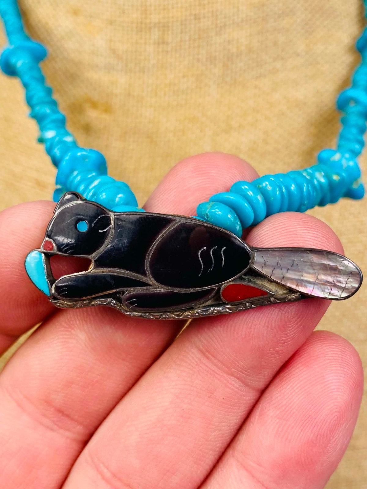 Vintage Native American Zuni Porfilio Sheyka Turquoise Silver Beaver Necklace Vintage Native American Zuni Porfilio Sheyka Turquoise Silver Beaver Necklace