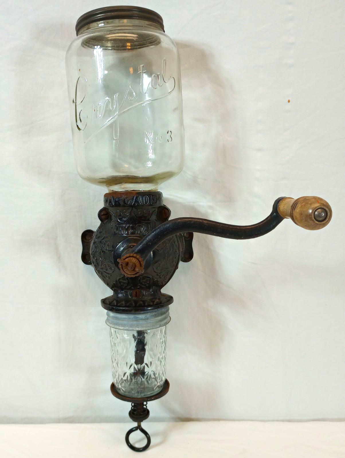 Antique Arcade Crystal 3 Manual Cast Iron Coffee Grinder Glass Jar Lid Catch Cup Antique Arcade Crystal 3 Manual Cast Iron Coffee Grinder Glass Jar Lid Catch Cup