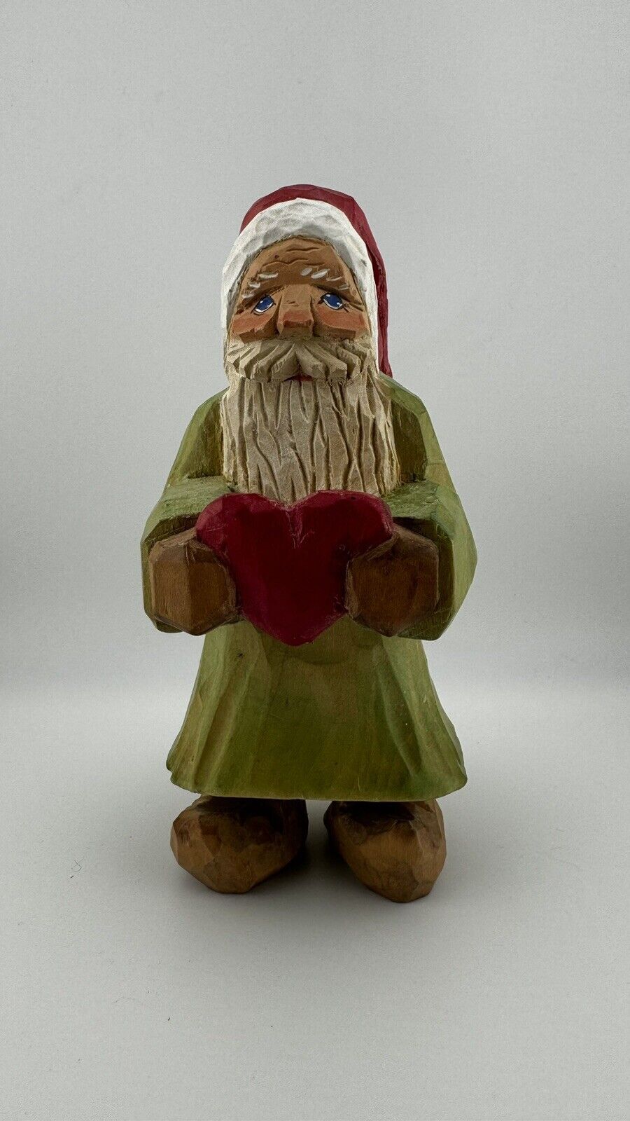 Hand-Carved Santa Claus Figurine with Heart, Signed by Artist