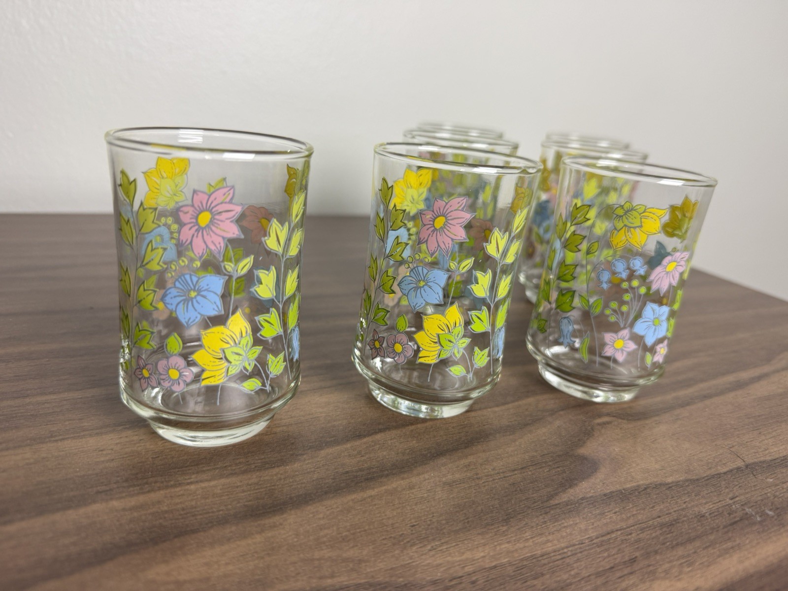 Vtg Set of 7 Corelle Libbey Spring Meadow Juice Glasses 6 oz Pastel Floral 3.75"