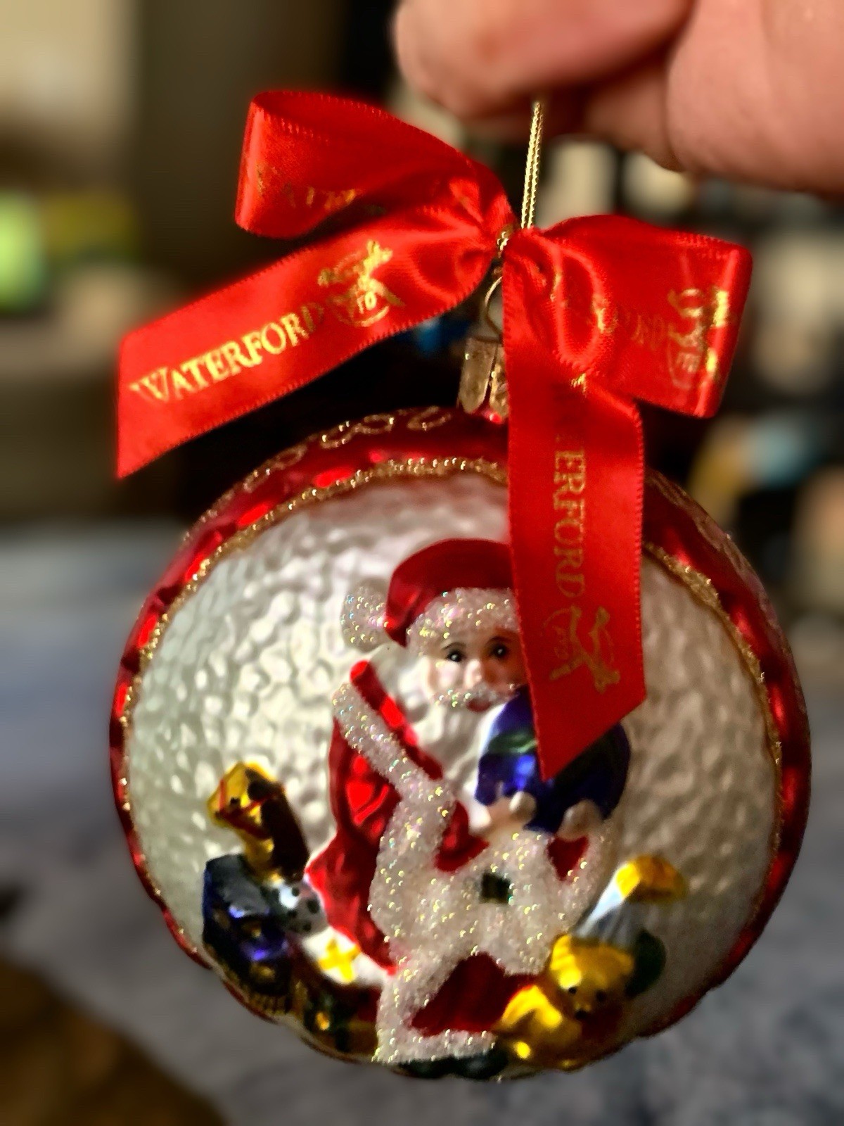 Vintage Waterford Blown Glass Christmas Ornament Santa With Toys Holding Globe