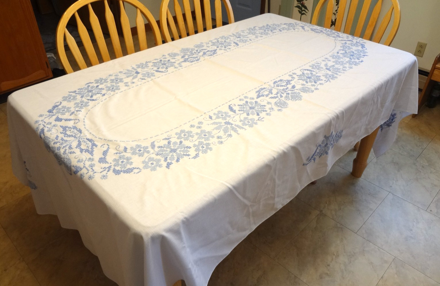 LARGE HAND EMBROIDERED CROSS STITCH TABLECLOTH Blue Floral 57" x 101" Cotton VTG LARGE HAND EMBROIDERED CROSS STITCH TABLECLOTH Blue Floral 57" x 101" Cotton VTG