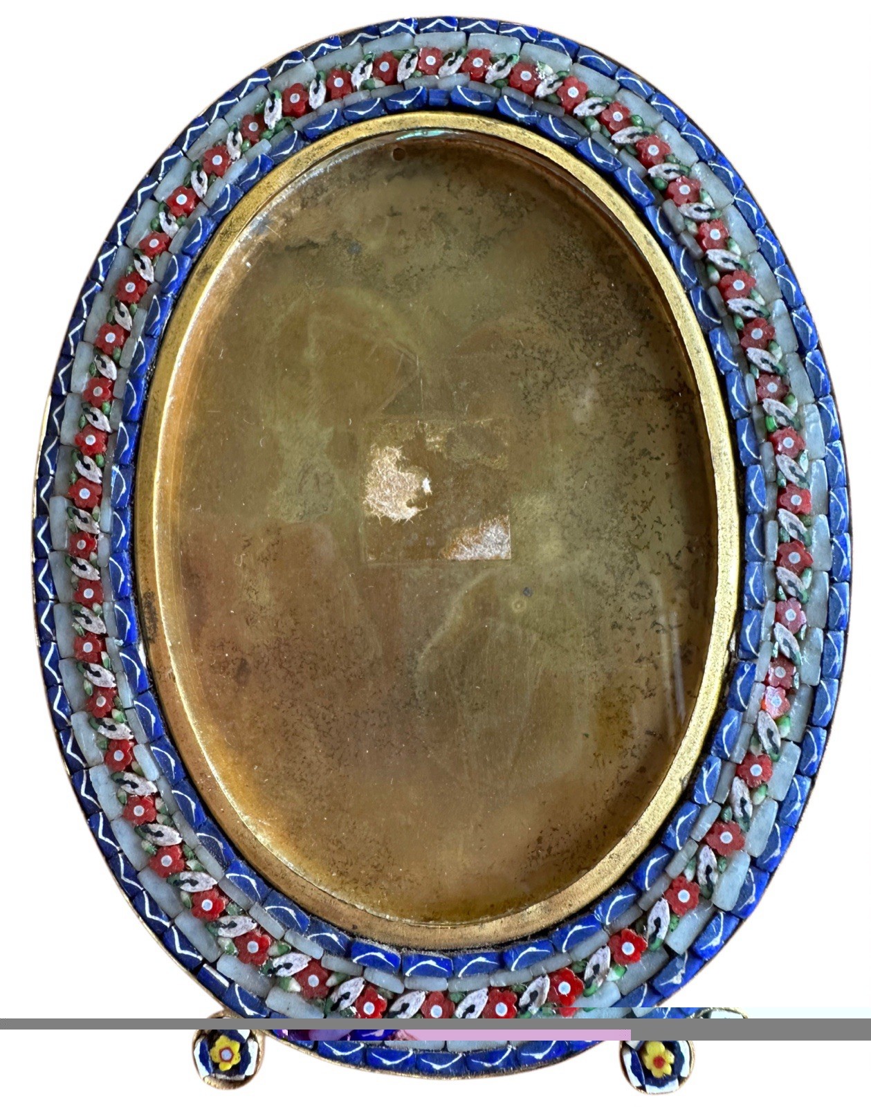 Vintage Italian Floral Micromosaic Oval Picture Frame Easel Back 3.75”