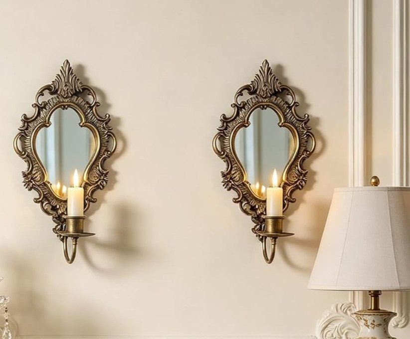 2 Antique Brass Ornate Metal Baroque Style Mirrored Wall Sconce Candle Holder 2 Antique Brass Ornate Metal Baroque Style Mirrored Wall Sconce Candle Holder