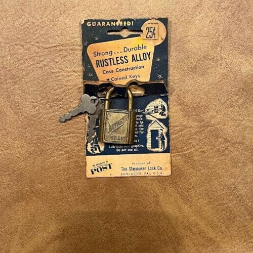 Vintage SLAYMAKER Rustless Padlock Lock w/ Keys on Card Advertising Vintage SLAYMAKER Rustless Padlock Lock w/ Keys on Card Advertising